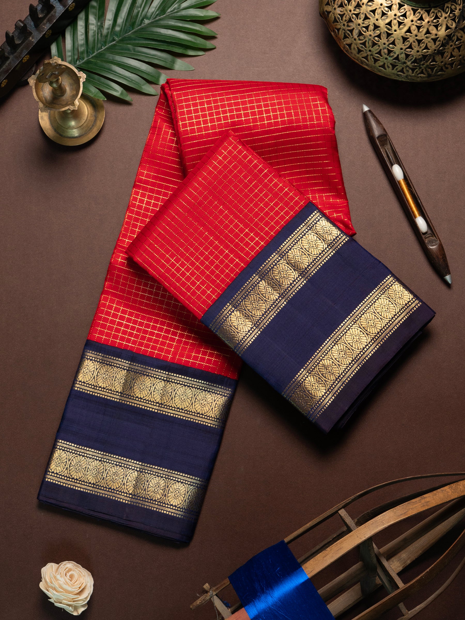 Red zari kattam and blue rettapet border/ Kanjipuram Saree CLSA6088