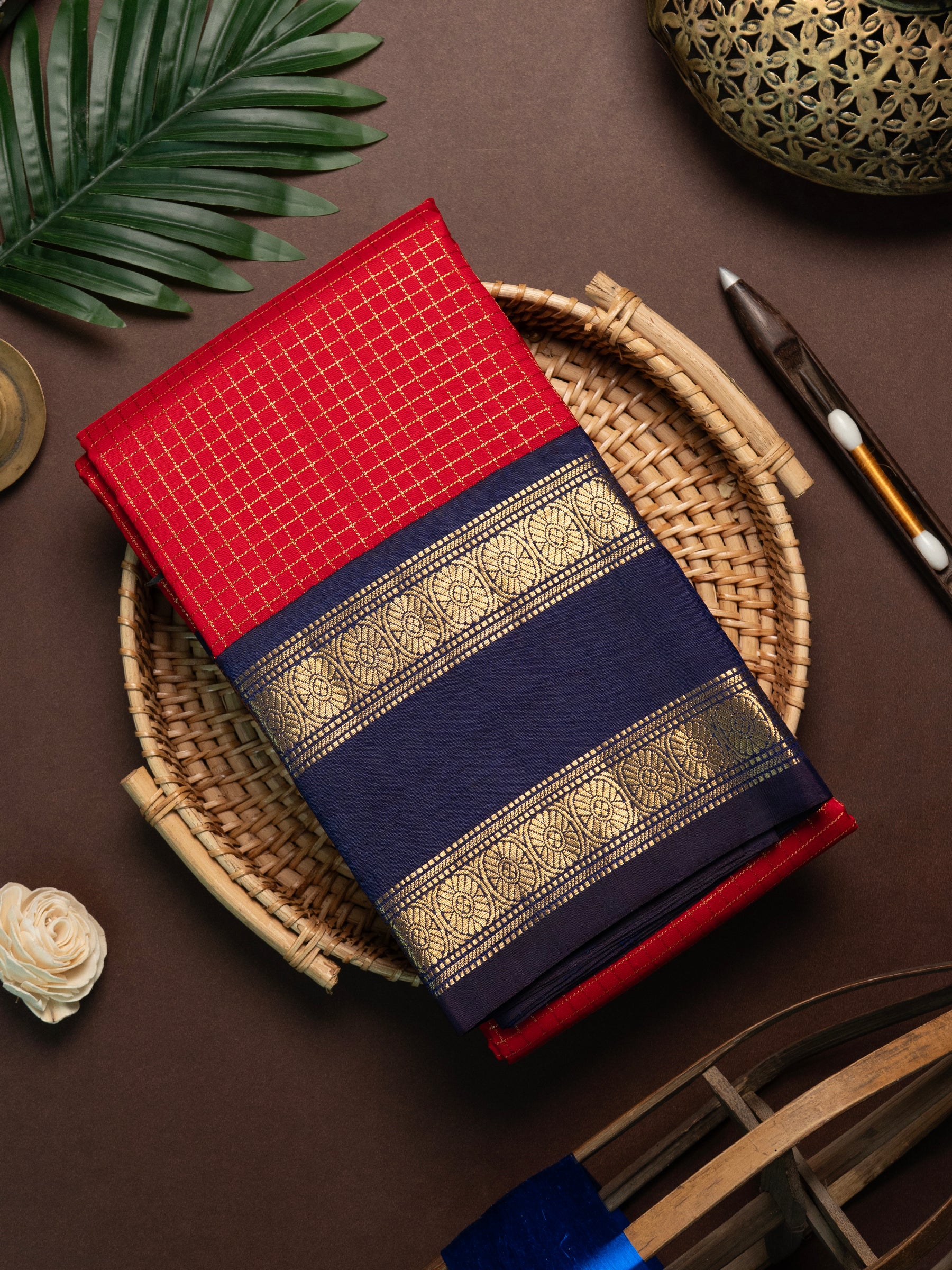 Red zari kattam and blue rettapet border/ Kanjipuram Saree CLSA6088