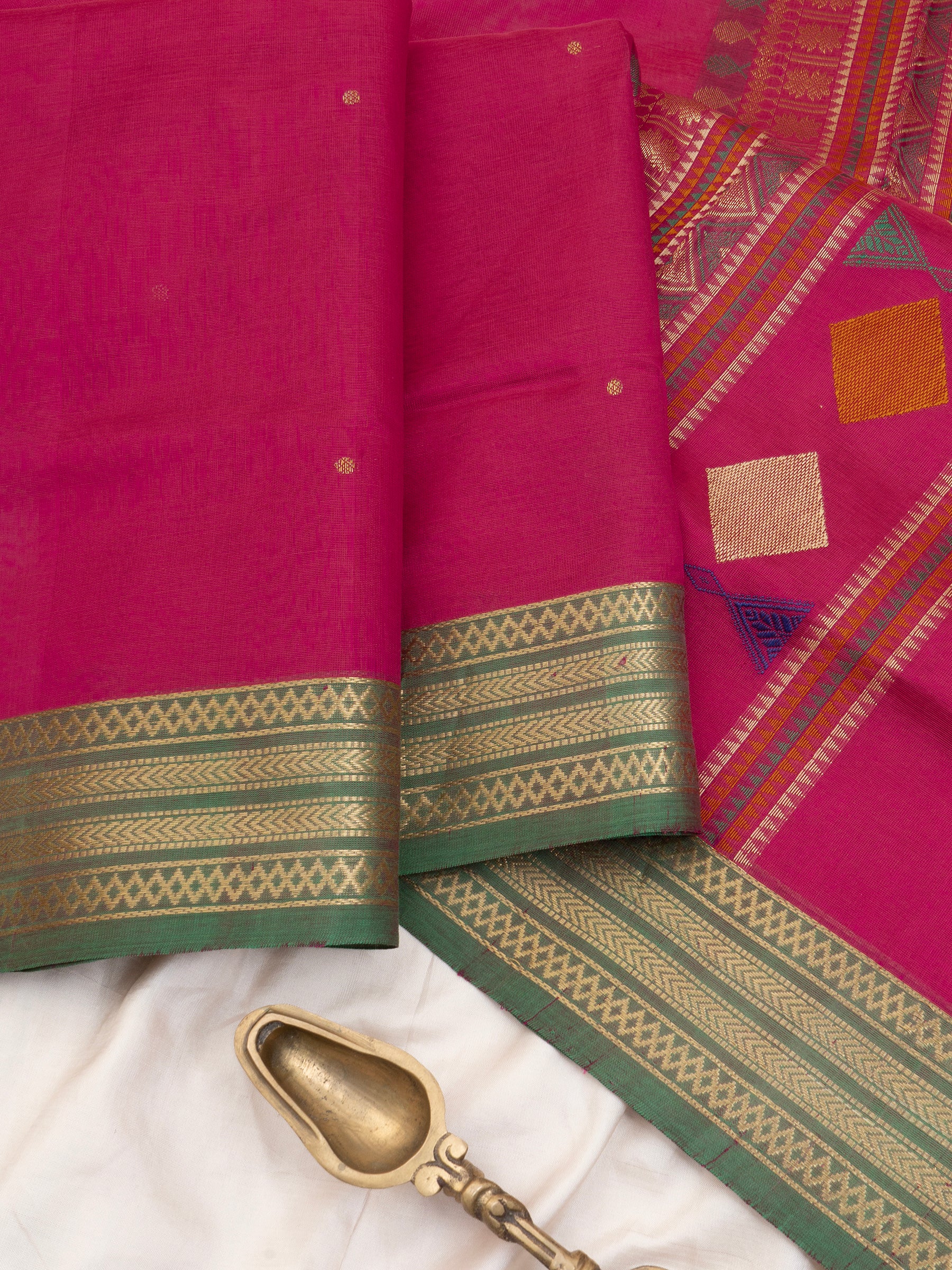 Pink and green odissa style pallu/  Silk Cotton Saree CLSA6580