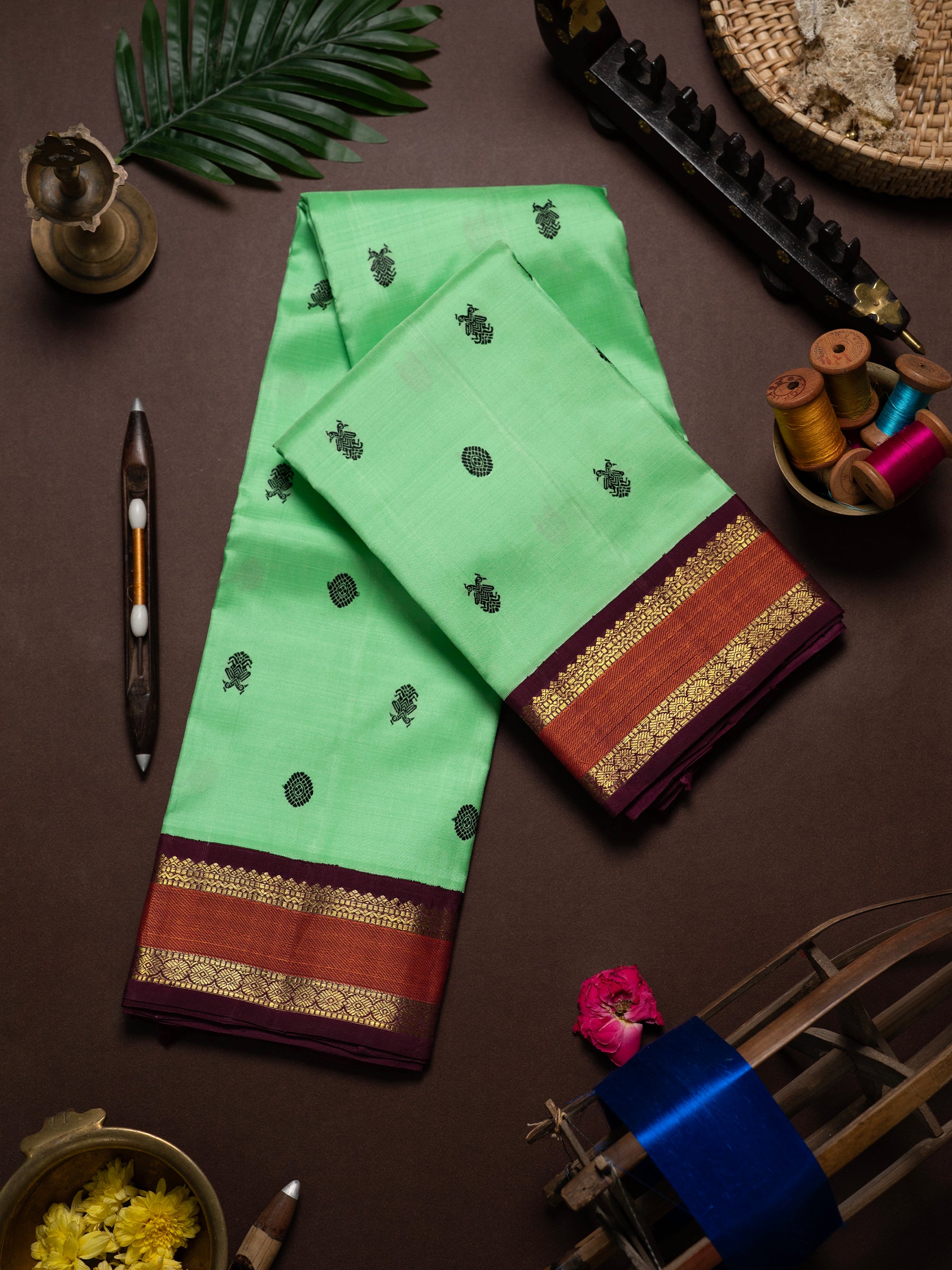 Bright neon green Korvai Kanjipuram Silk Saree CLSA6845