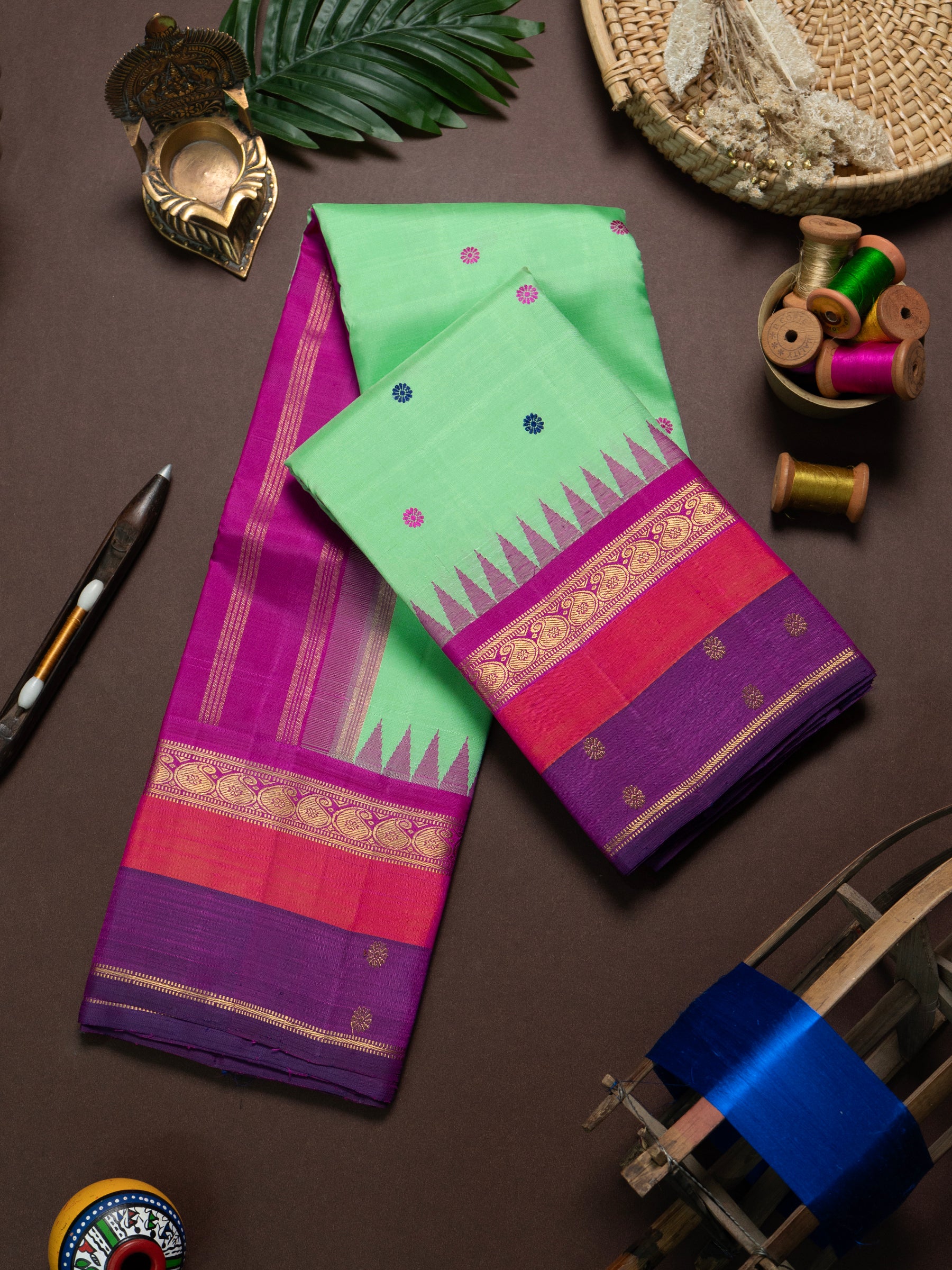 Apple green korvai triple pallu / Kanjipuram Silk Saree CLSA6980