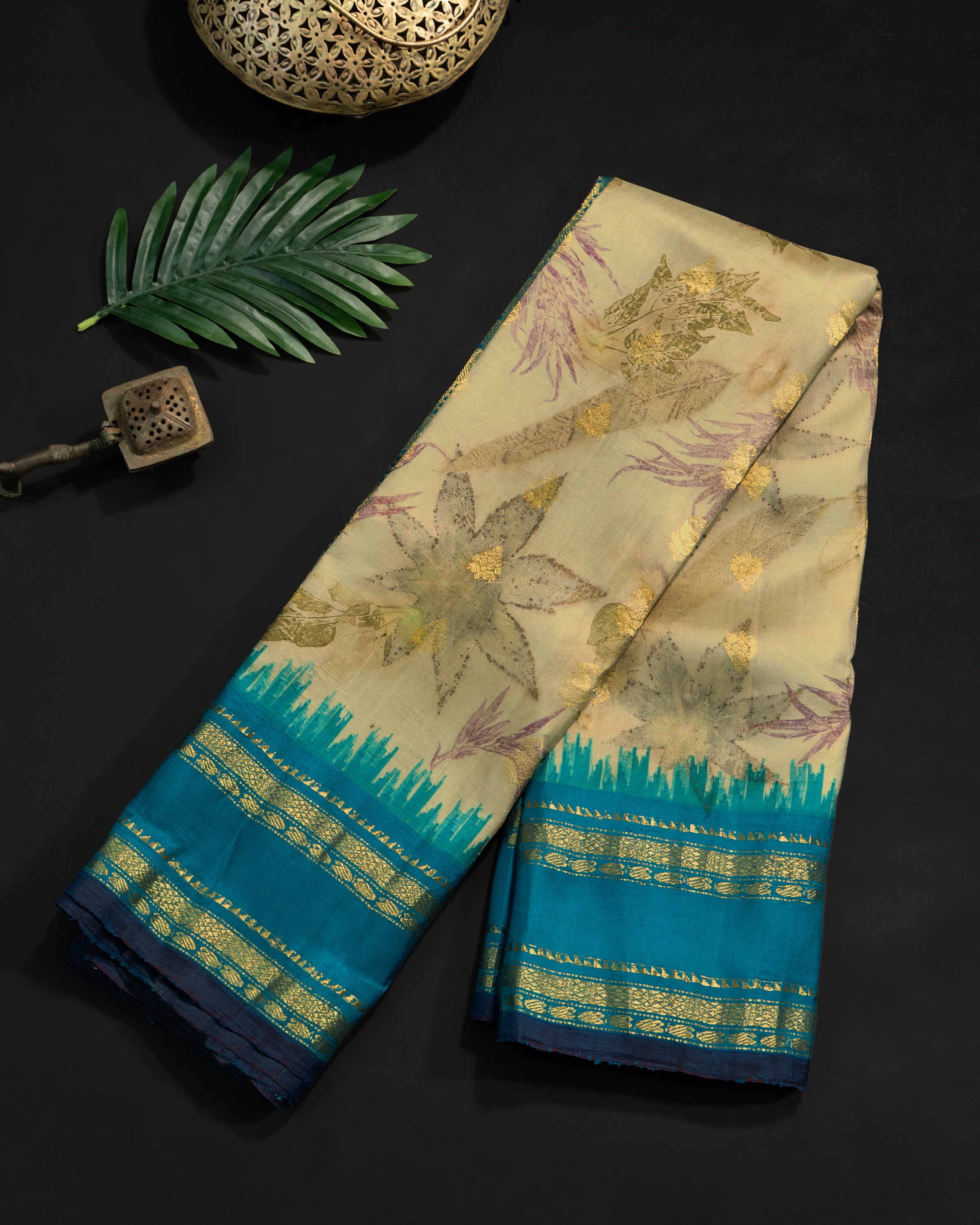 Offwhite and turquoise blue/ Eco Print Gadwal Silk saree CLSA7391