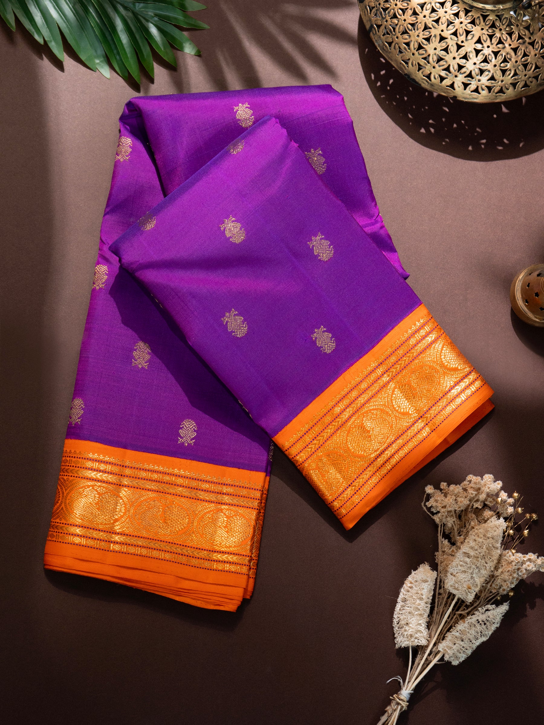 Purple Iruthalaipakshi butta and orange kai korvai/ Kanjipuram Silk Saree CLSA8204