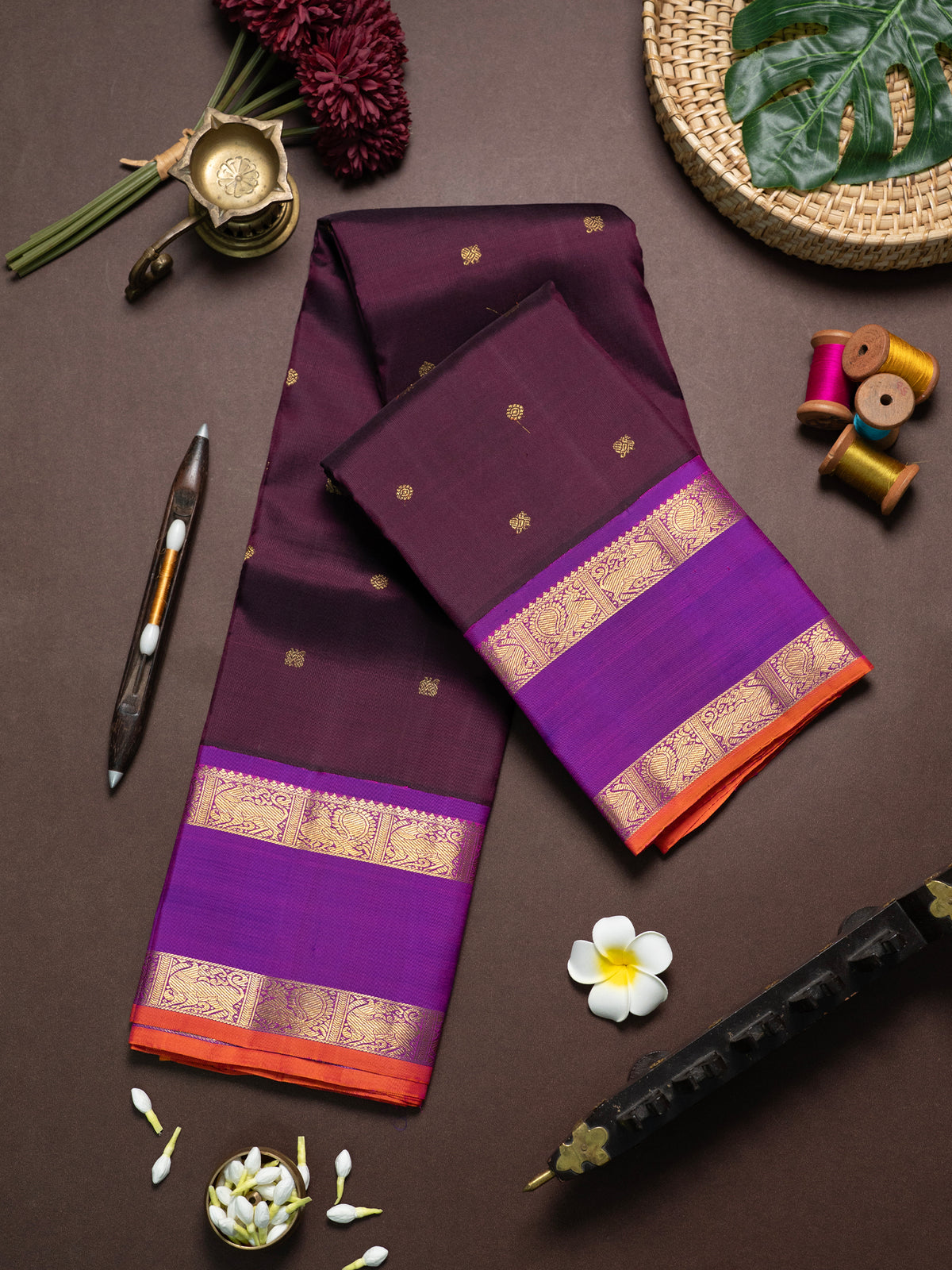 Brown and purple rettapet border kai korvai/ Kanjipuram Silk Saree CLSA8221