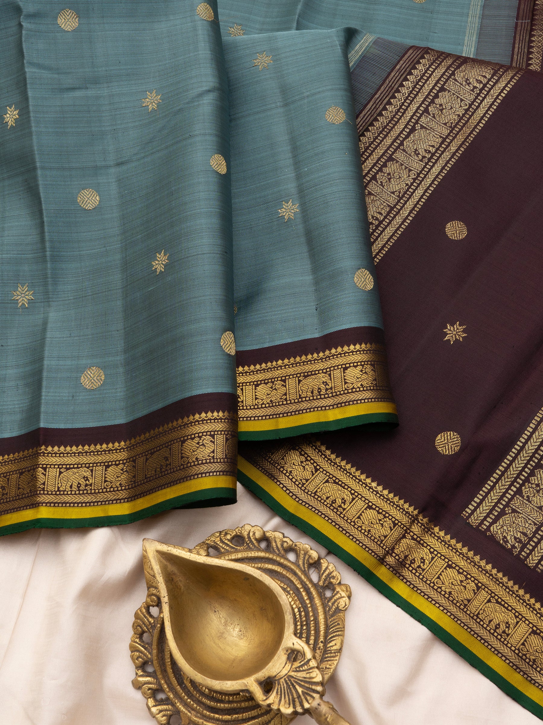 Unusual Deep powder blue and brown small border / Kanjipuram Silk Saree CLSA8268
