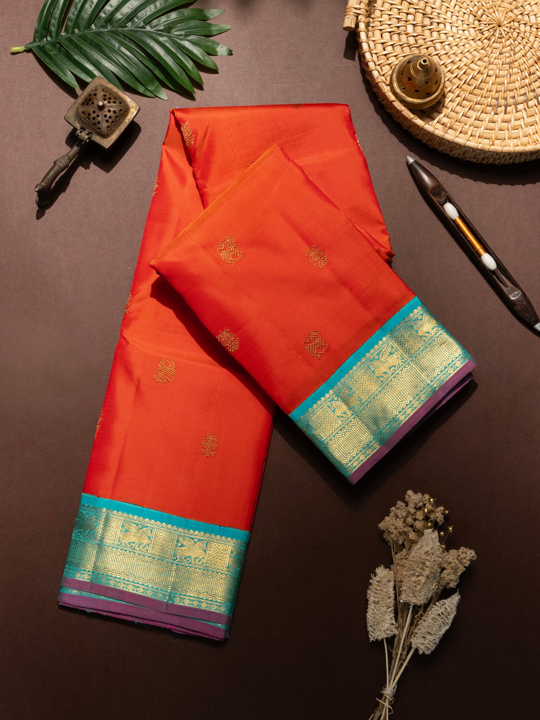 Orange with turquoise blue / Kanjivaram Saree CLSA8333