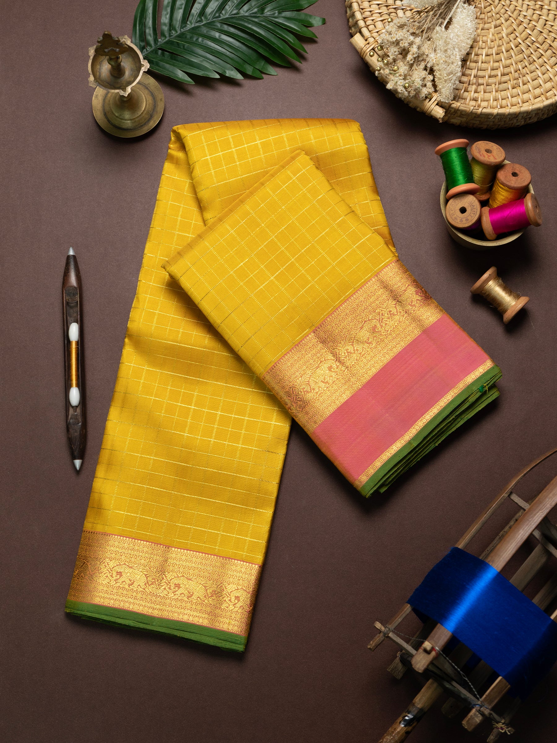 Mustard yellow Zari Kattam  Kanjipuram Silk Saree CLSA8879