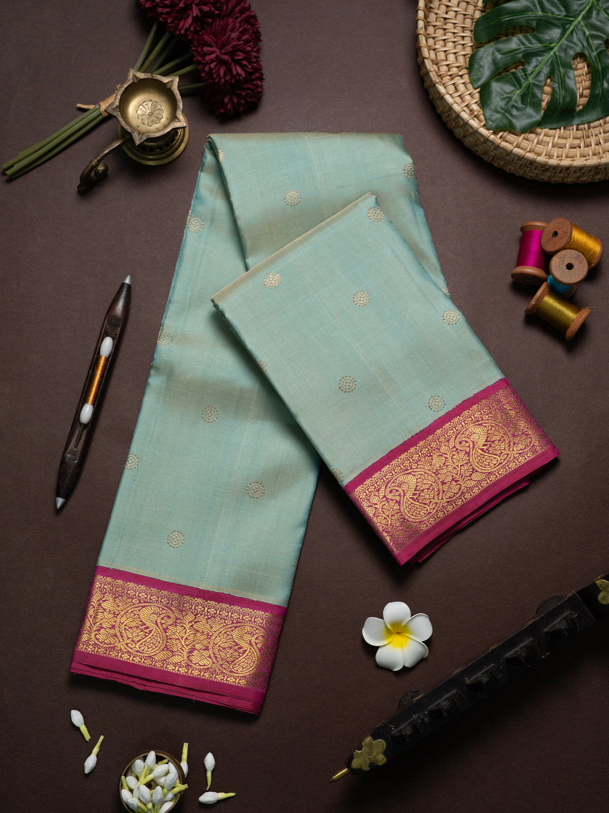 Pastel unusual greenish blue and pink kai korvai / Kanjipuram Silk Saree CLSA8951