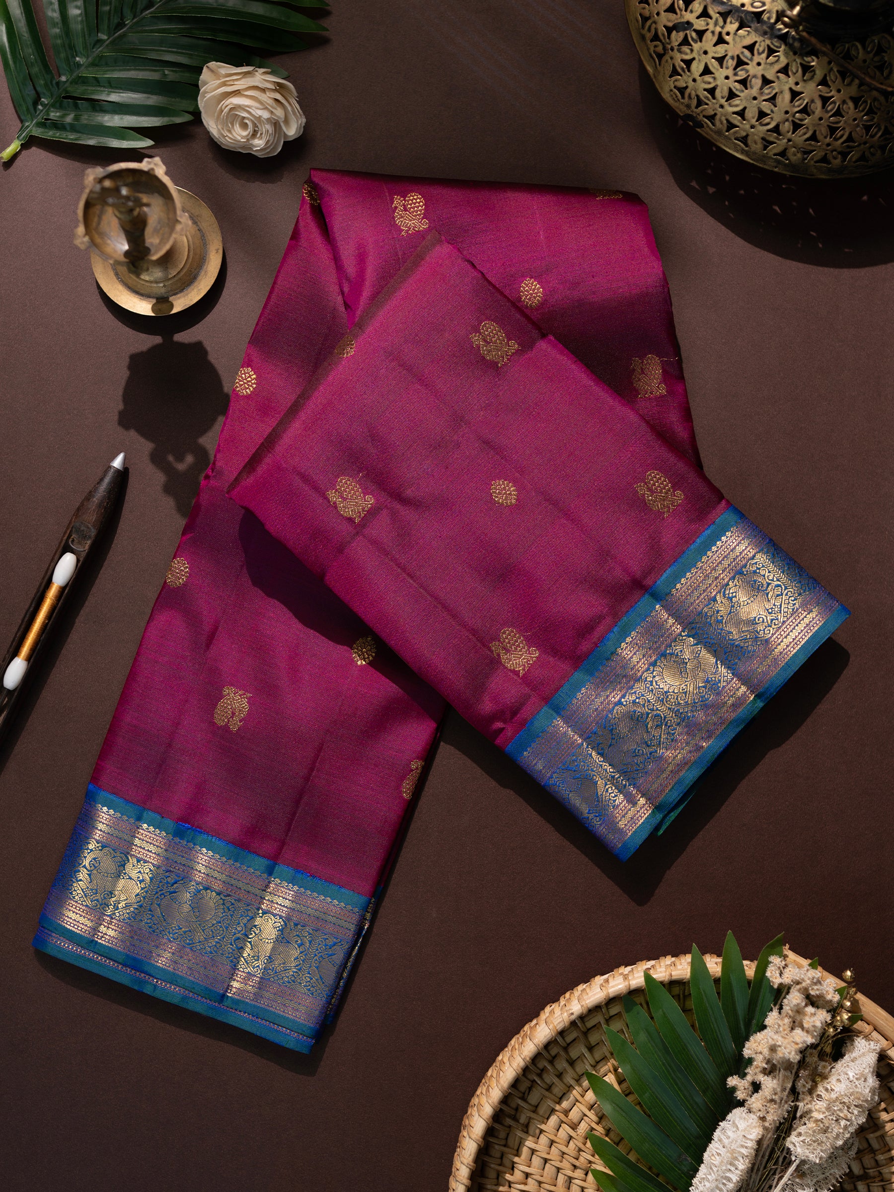 Beetroot body turquoise blue Kanjipuram Silk Saree CLSA9109