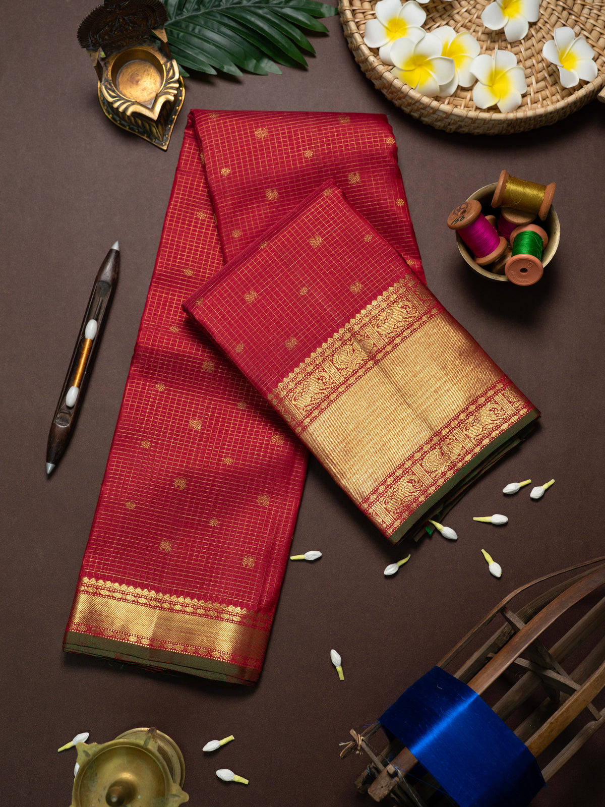 Red Zari checks and butta/Kanjipuram Silk Saree CLSA9185