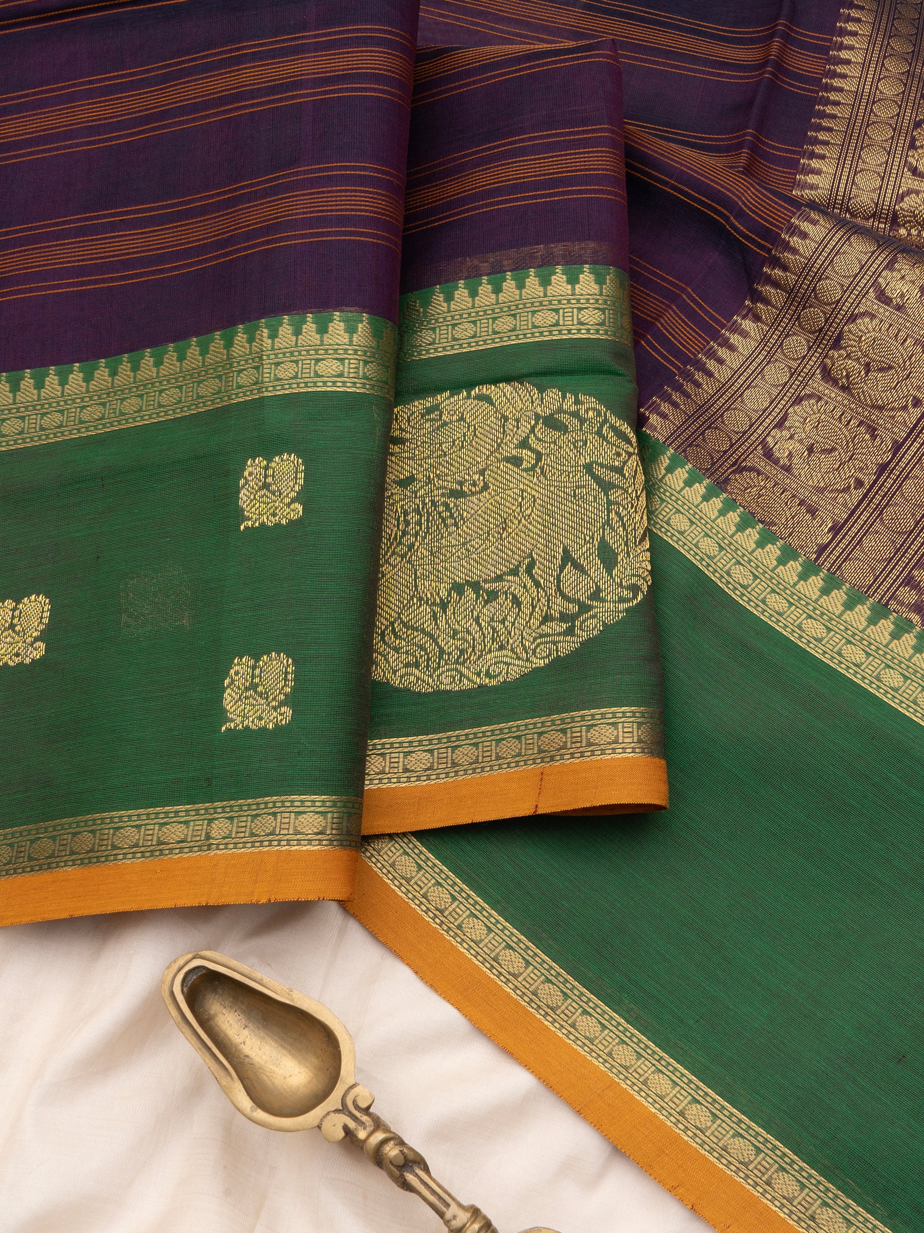 Deep purple and mustard lines border butta / Silk Cotton CLSA9595