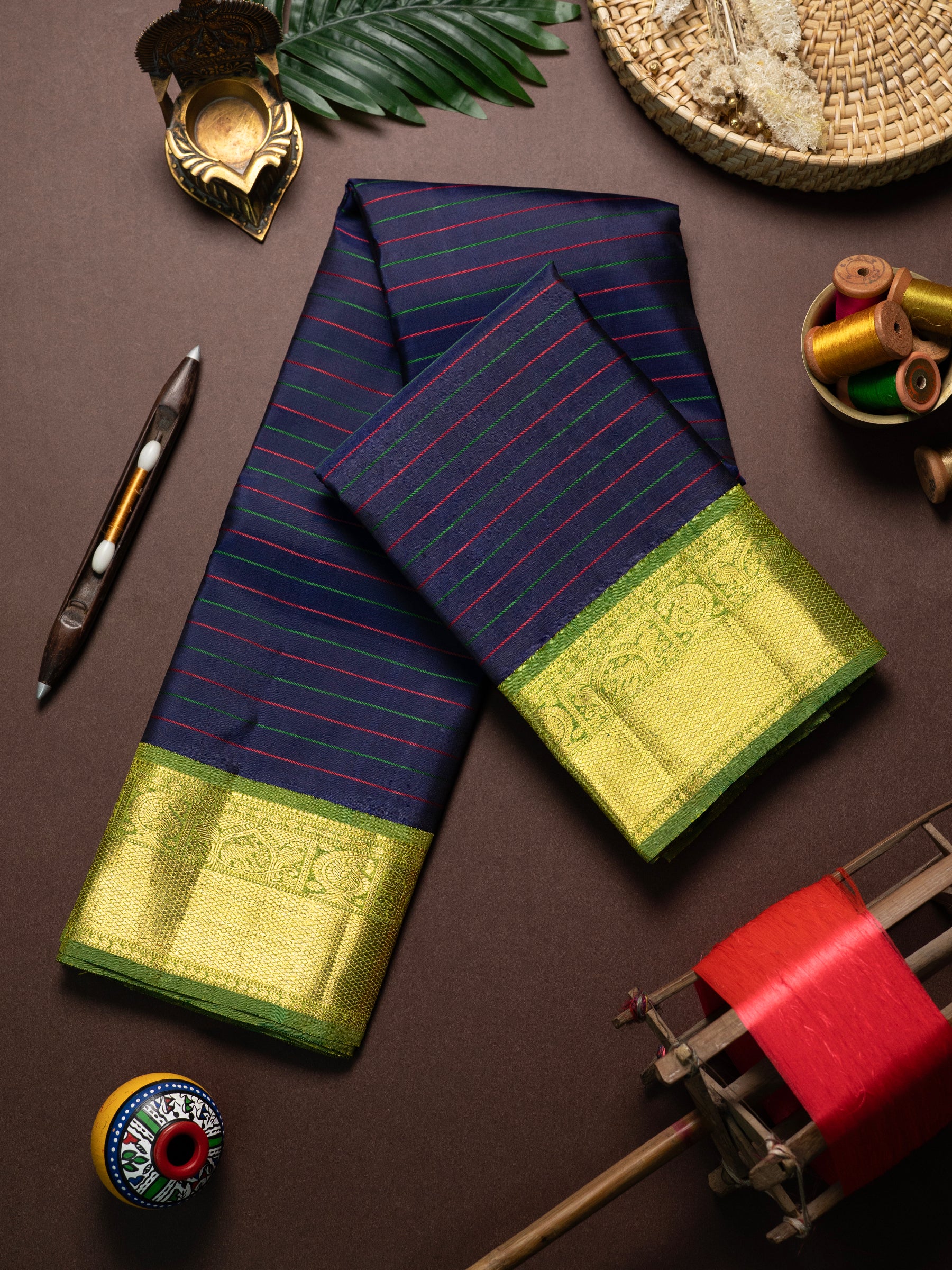 Blue body with veldhari thread line Korvai / Kanjipuram Silk Saree CLSA9926