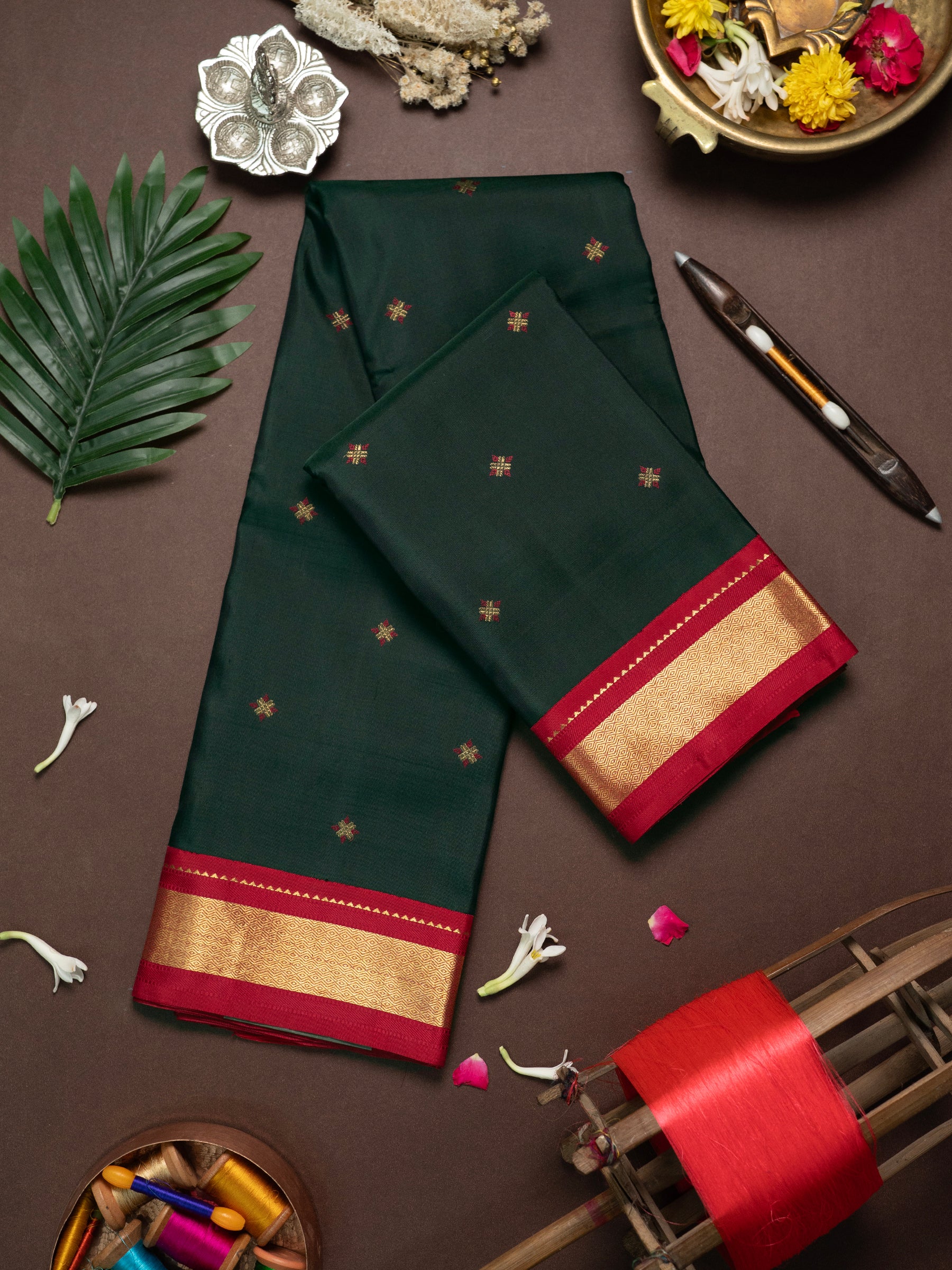 Dark green Meena Butta Korvai Kanjipuram Silk Saree CLSA9986