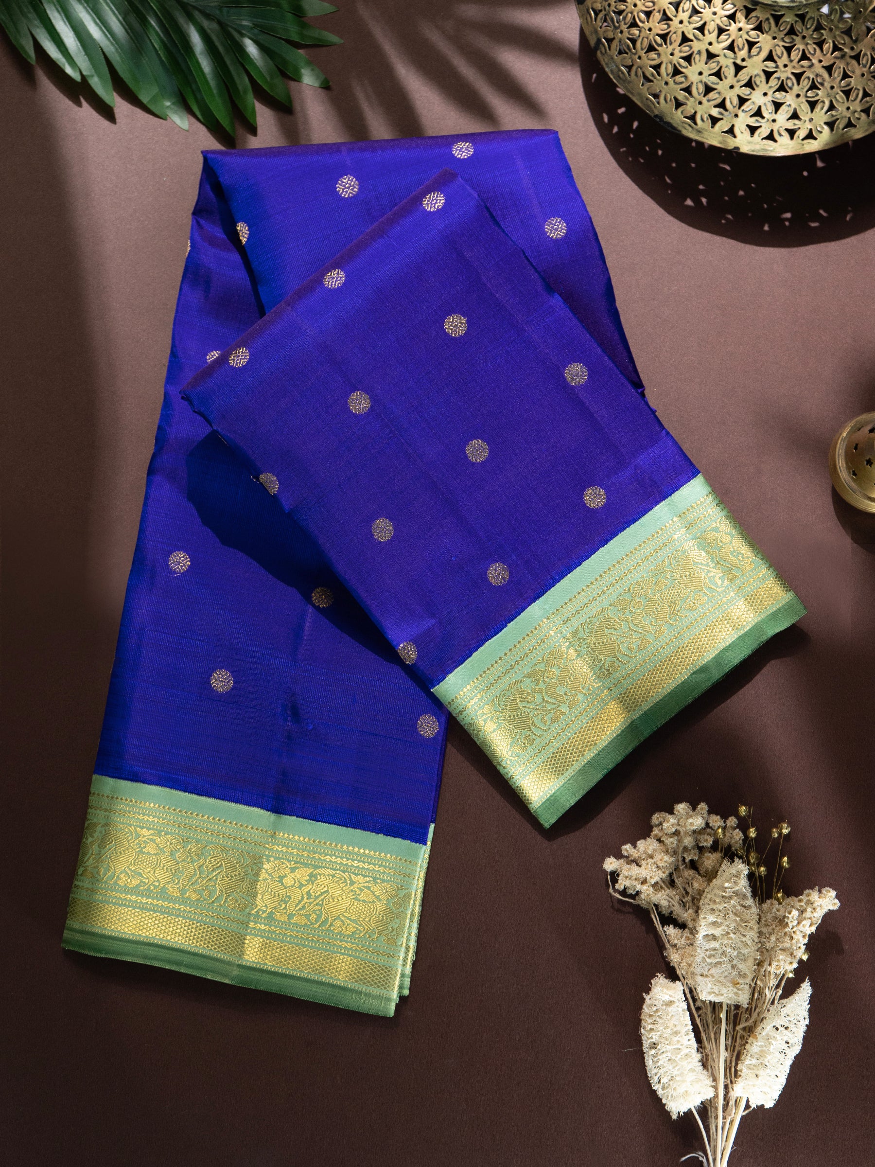 Purplish blue and pastel green kai korvai - Exclusive triple color pallu / Kanjipuram Silk Saree CLSA8167