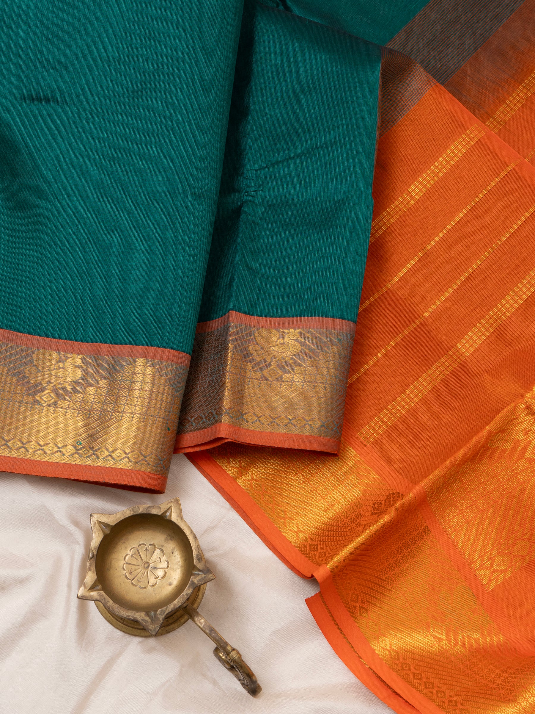 Peacock green and orange/ Silk Cotton Saree CLSA6052