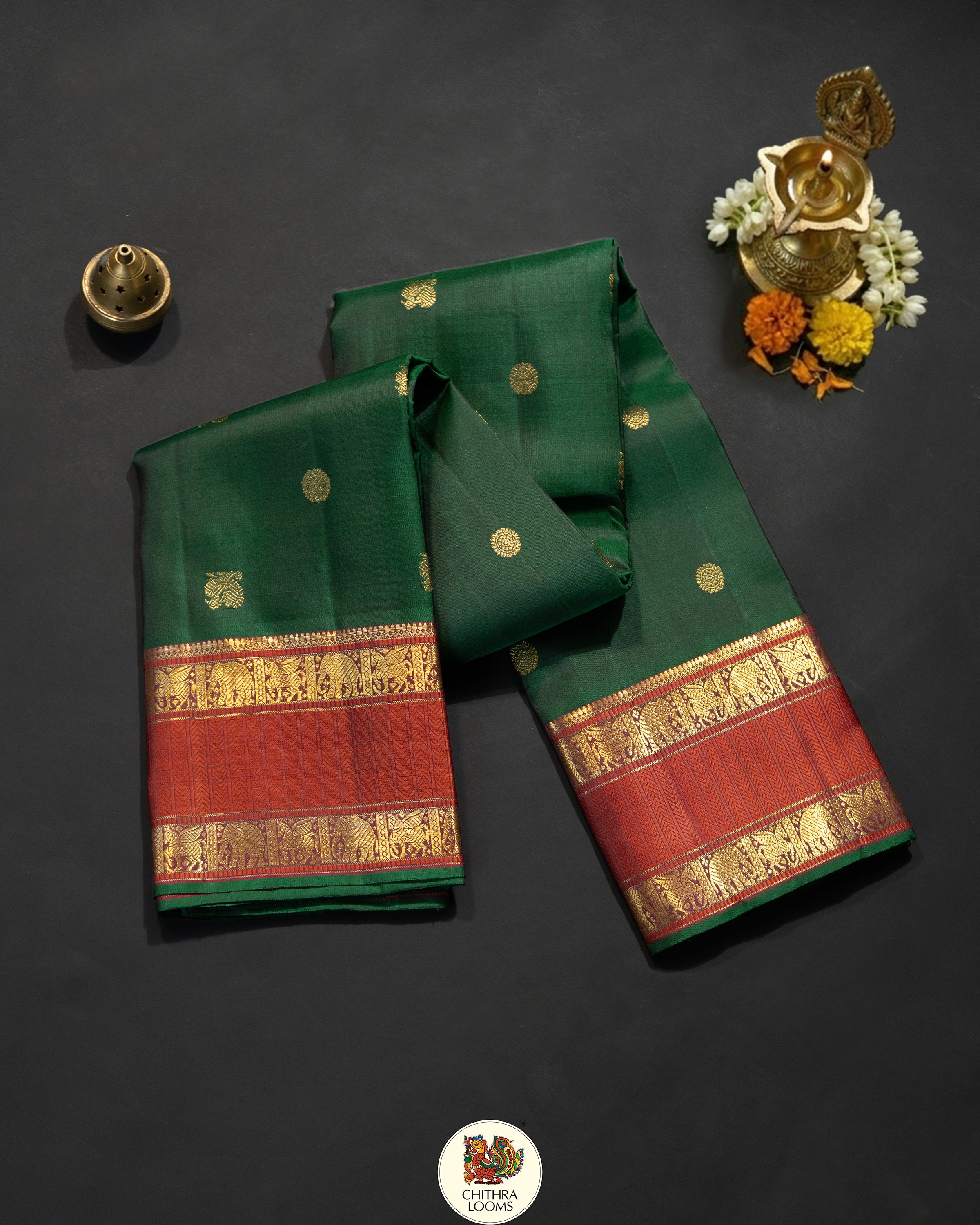 Green retta pet Kanjipuram Saree