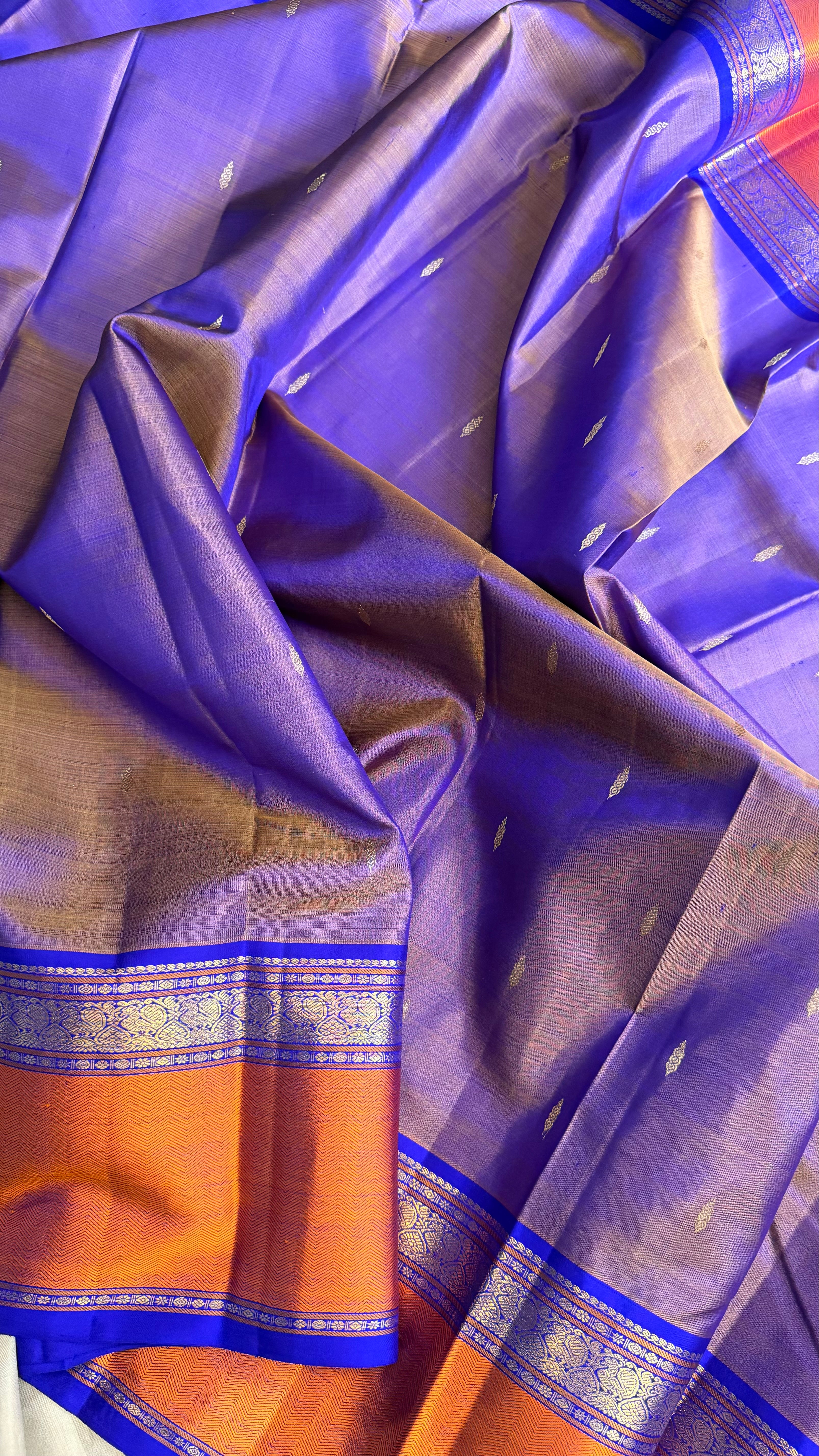 Master weaver - purple shot chocolate brown and rust border / Kanjipuram Silk