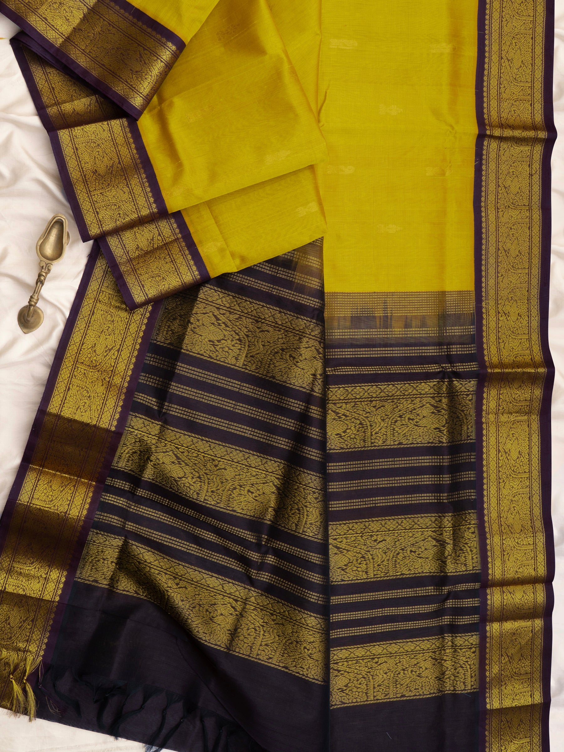 Lime yellow and dark purple korvai /Silk Cotton Saree CLSA10431