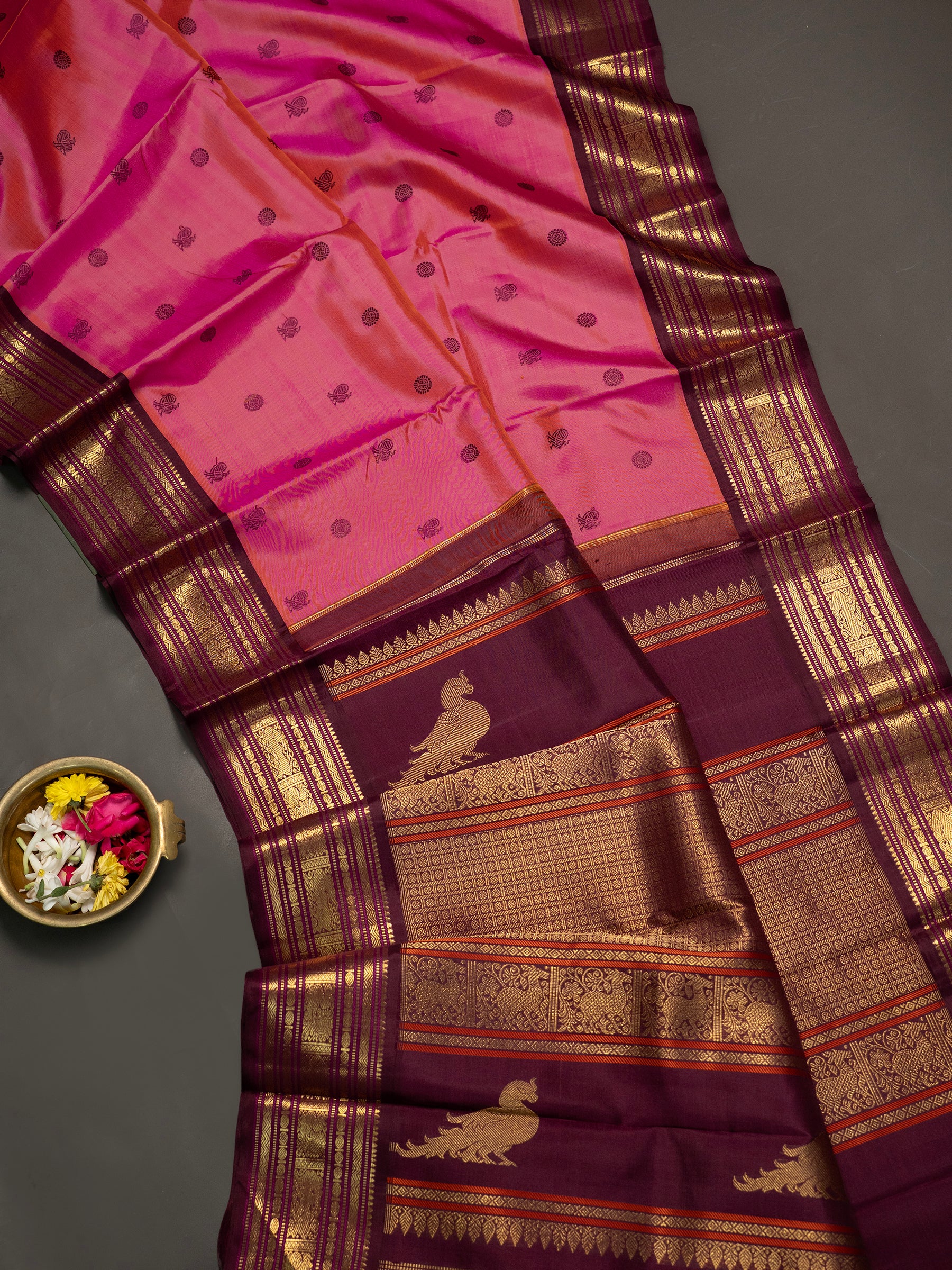 Peach with brown Korvai  / Kanjipuram Silk Saree CLSA10584