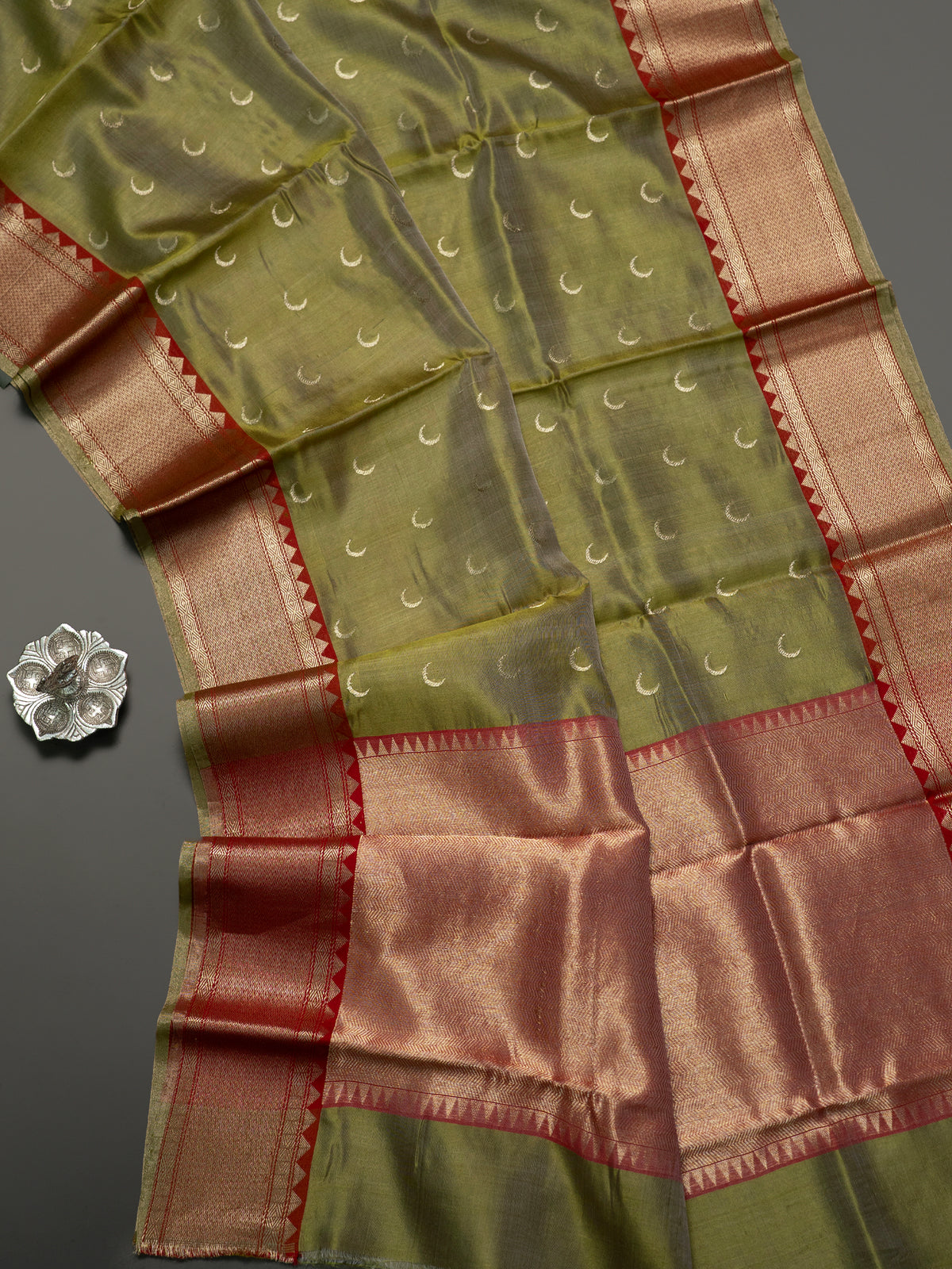 Olive green and red half moon butta /Chanderi silk Saree CLSA10882