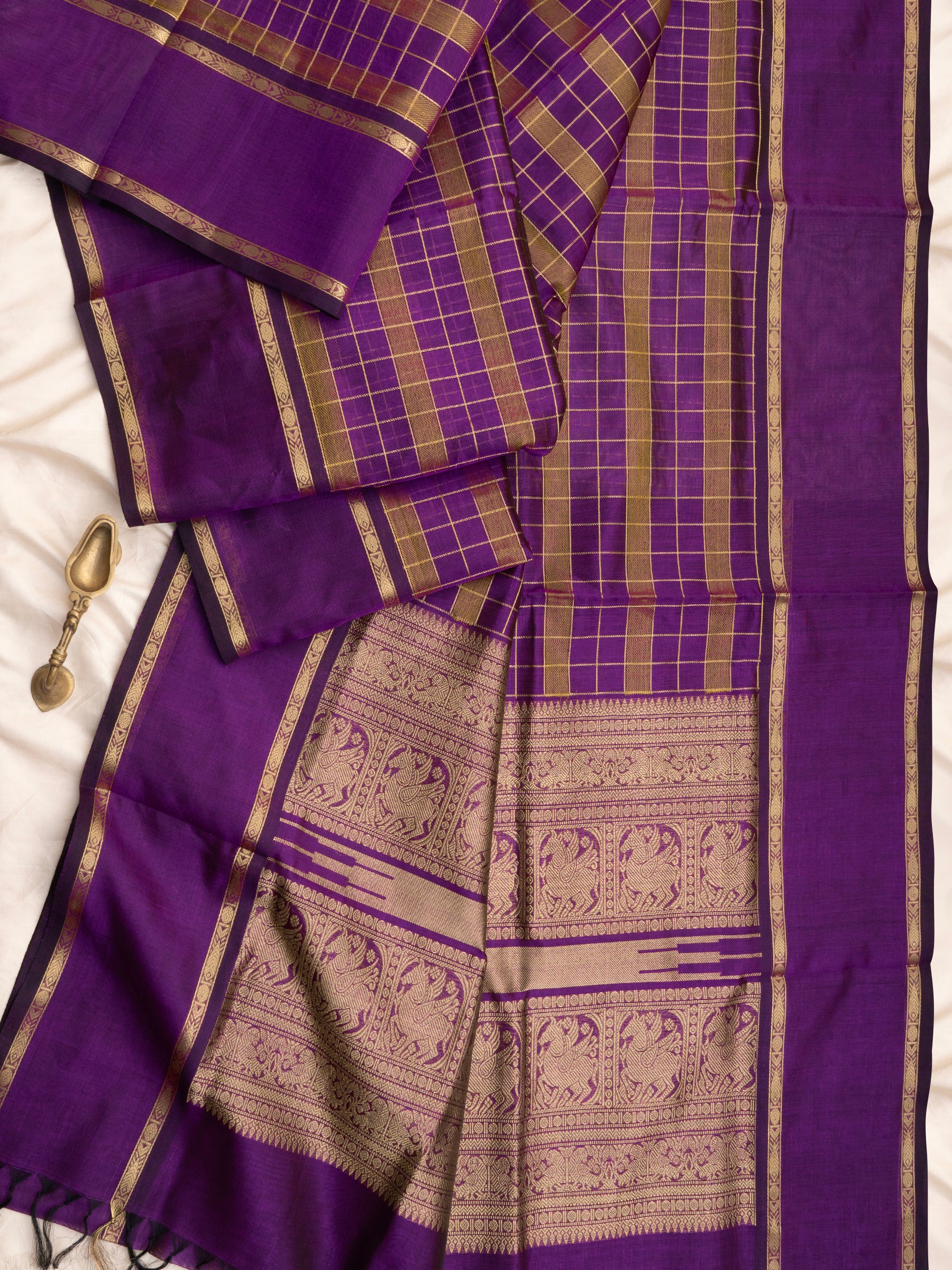 Chettinad kattam purple and mustard rettapet border/ Silk Cotton Saree CLSA10899