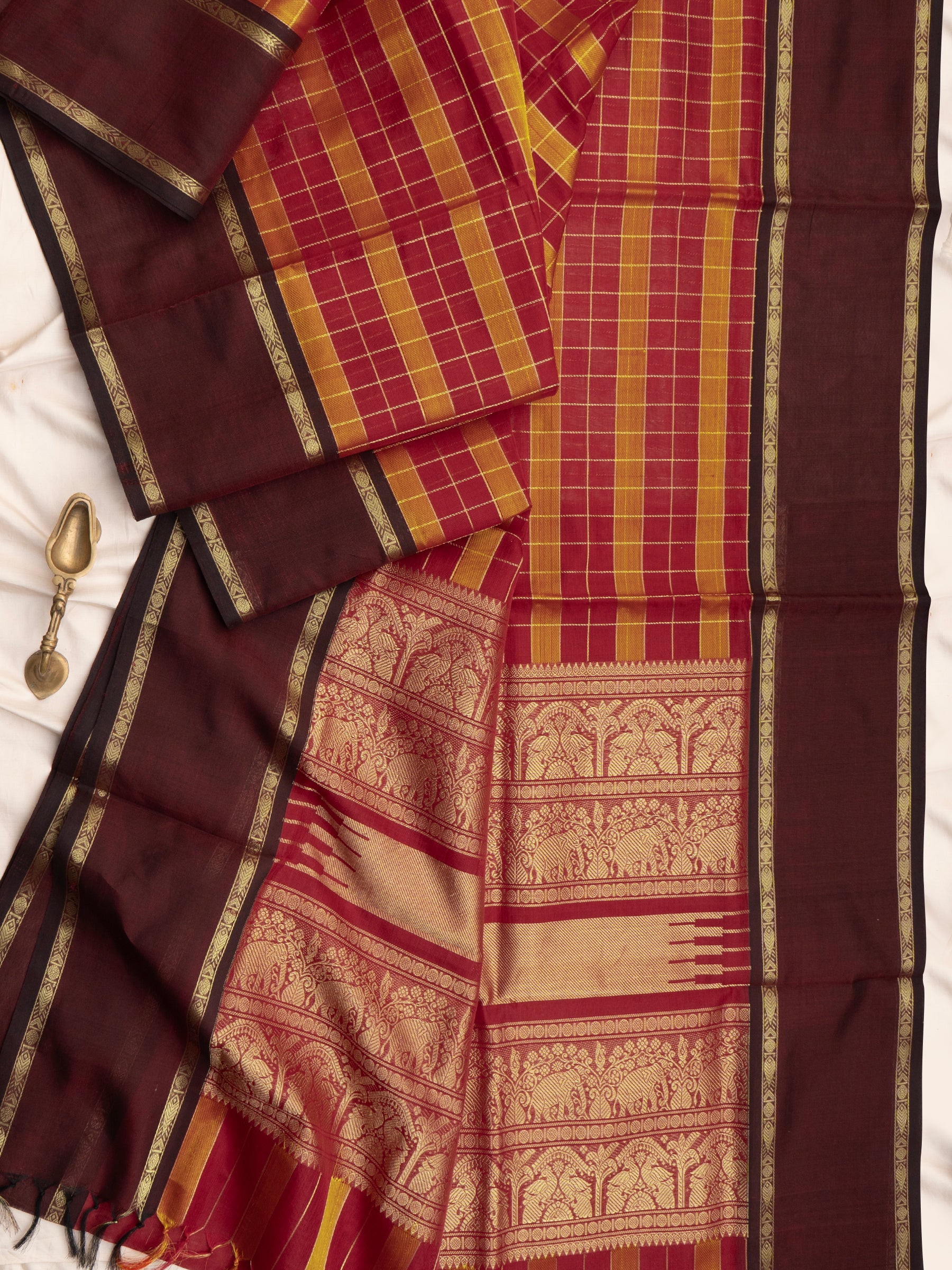 Chettinad kattam mustard and red rettapet border/ Silk Cotton Saree CLSA10900