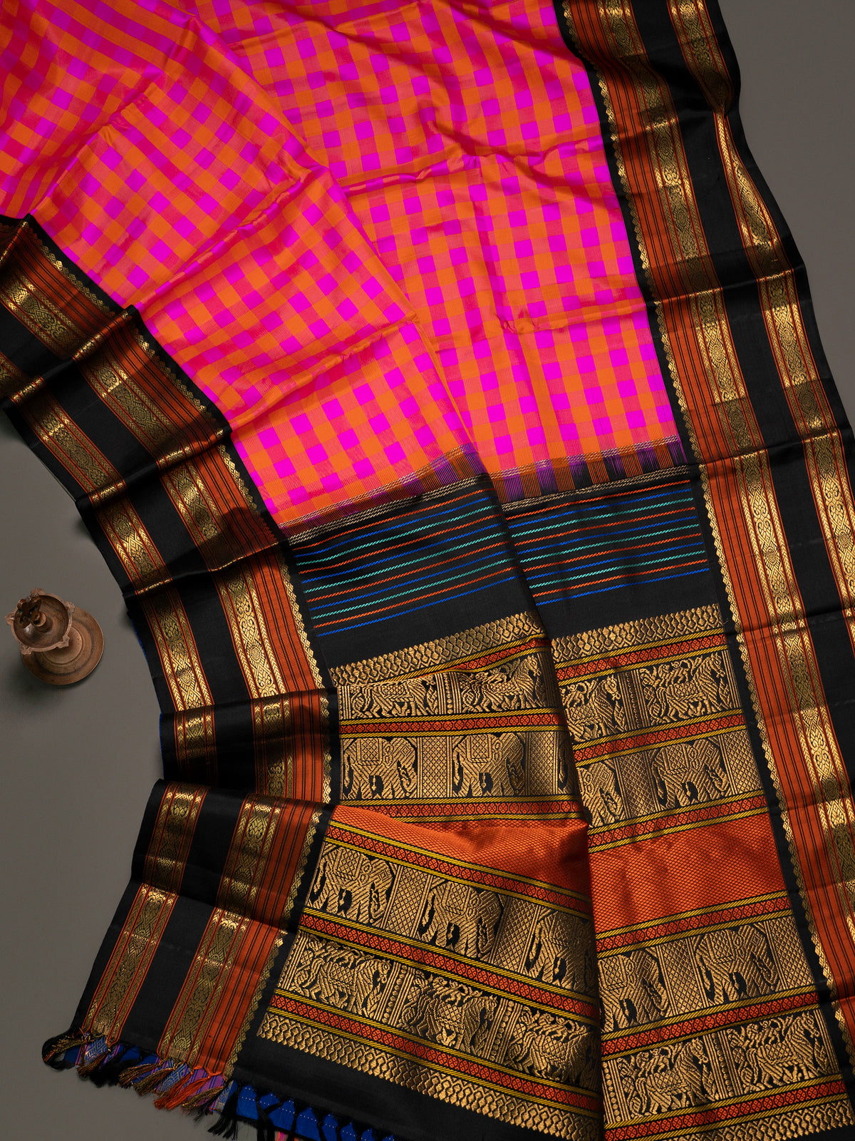Pink yellow Kattam Korvai / Kanjipuram Silk Saree CLSA