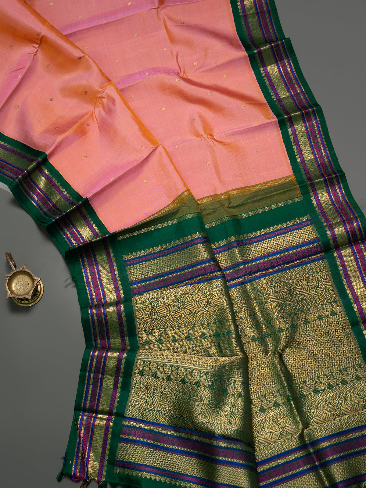 Peach pink and green kai korvai/ Kanjipuram Silk Saree CLSA280