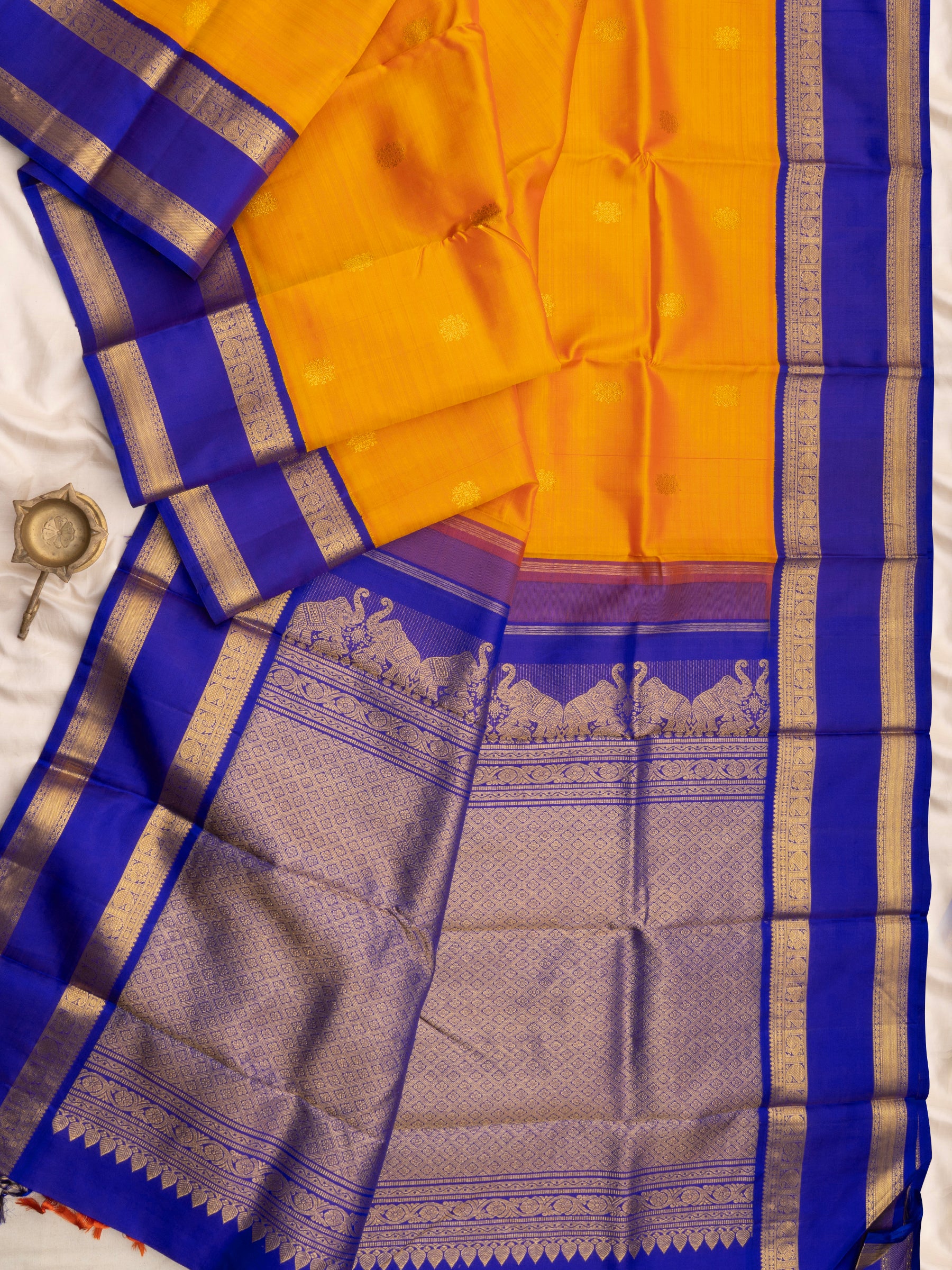 Mustard yellow and ink blue rettapet border/Arani Silk Saree CLSA6984