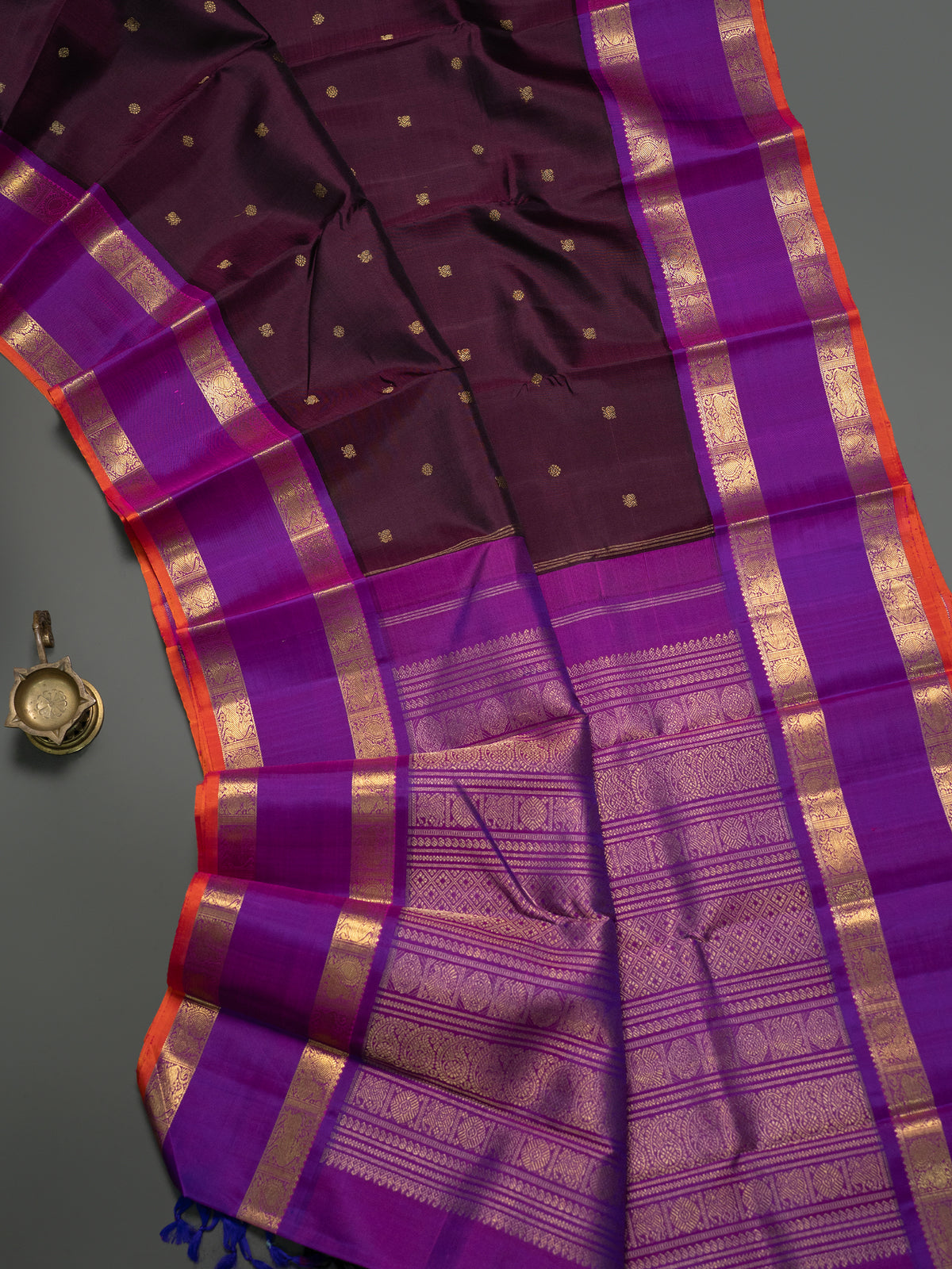 Brown and purple rettapet border kai korvai/ Kanjipuram Silk Saree CLSA8221