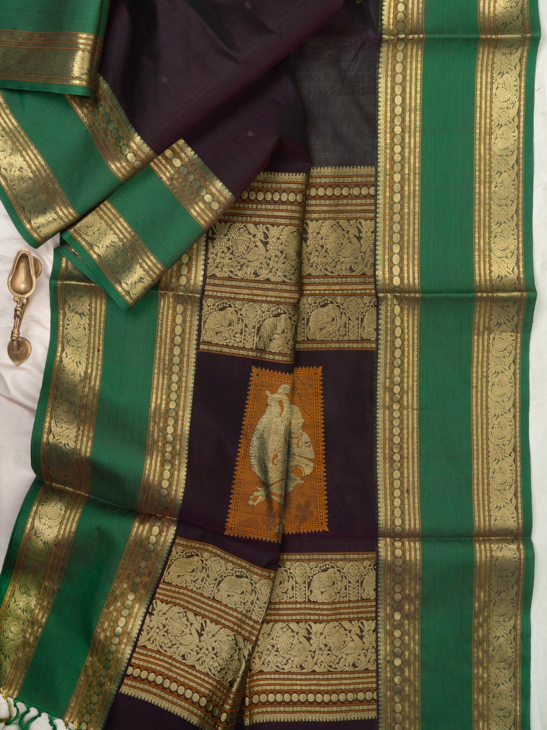Deep brown rettapet border - Unique pallu/ Silk Cotton Saree CLSA9712