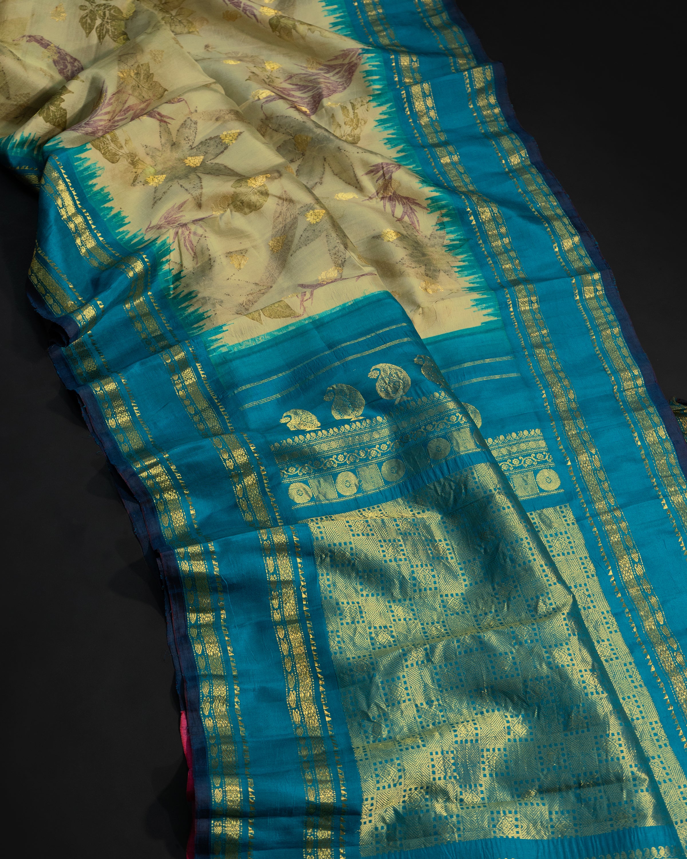 Offwhite and turquoise blue/ Eco Print Gadwal Silk saree CLSA7391