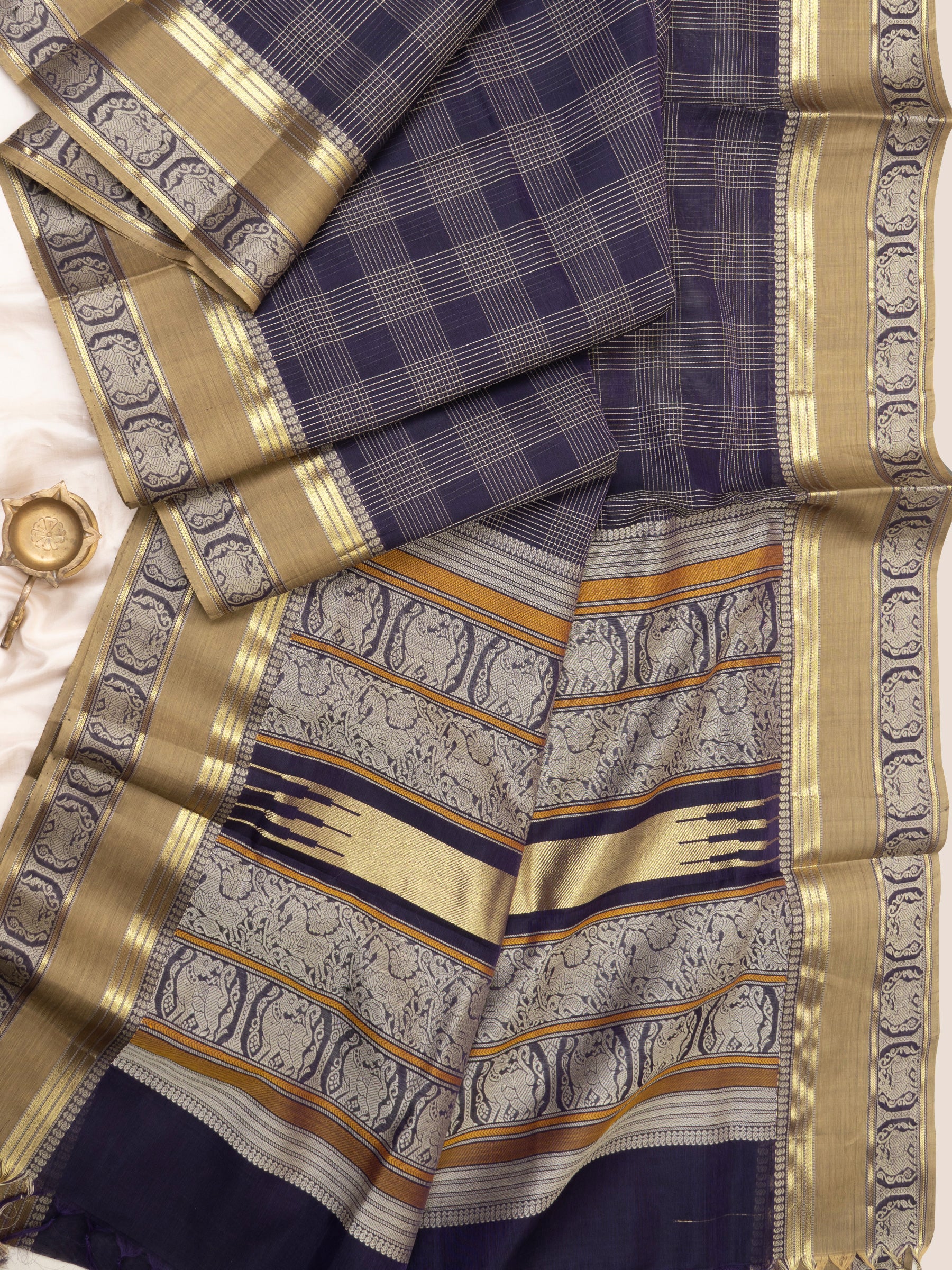 Dark blue and mustard kattam / Silk Cotton