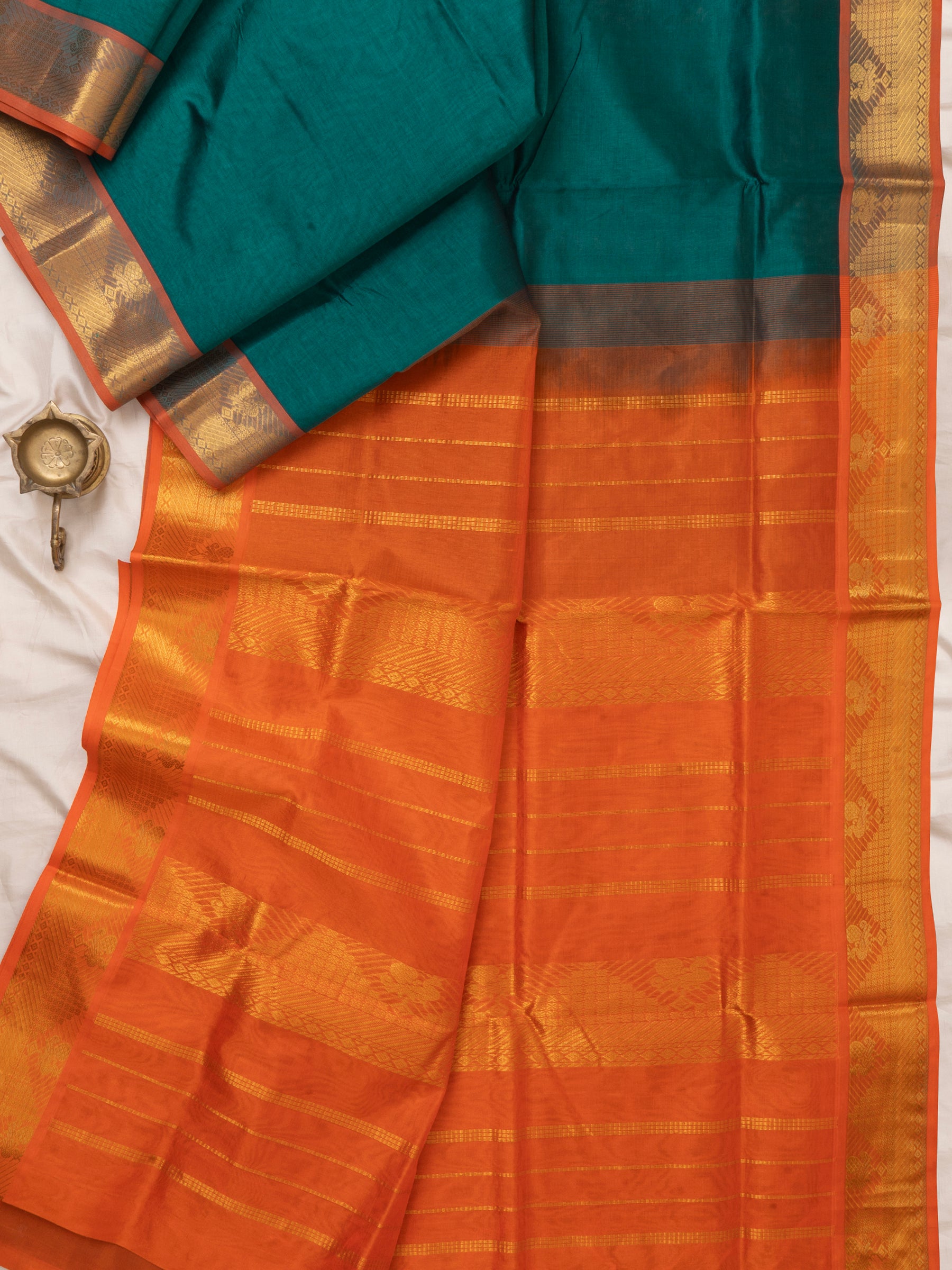 Peacock green and orange/ Silk Cotton Saree CLSA6052