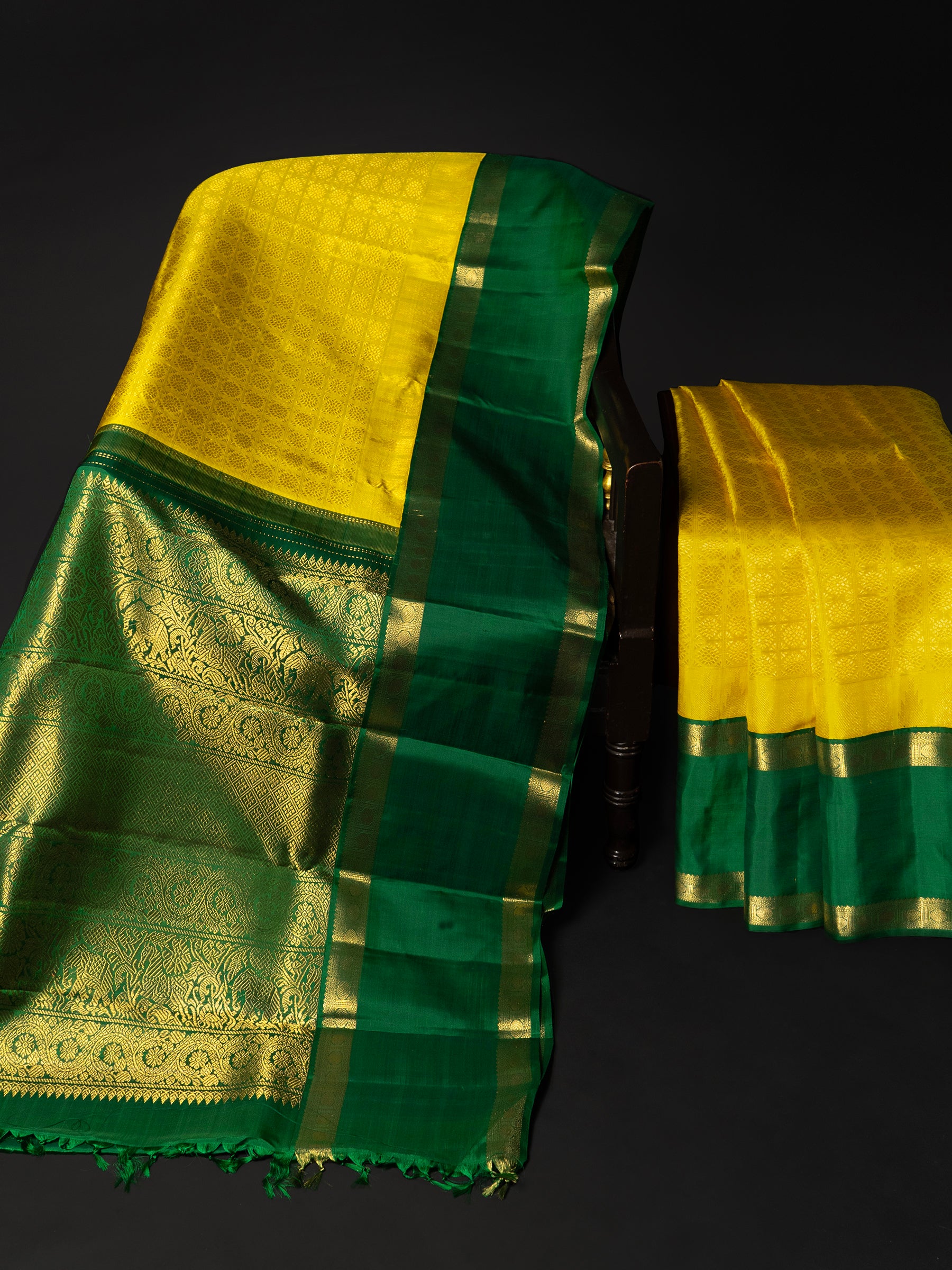 Yellow and green rettapet border kai korvai/ Kanjipuram Saree CLSA9137