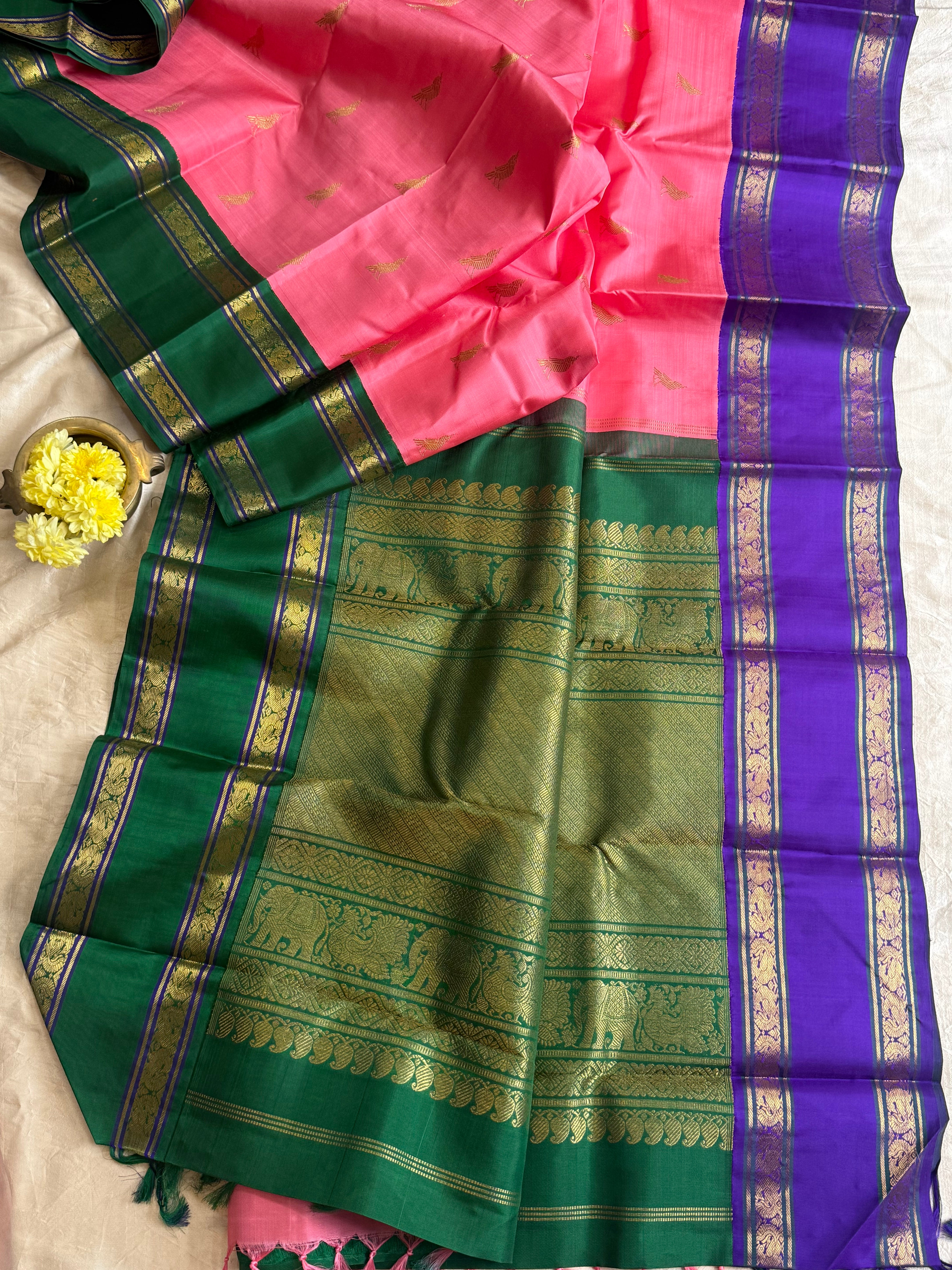 Peachish pink Ganga Jamuna Kai Korvai / kanjipuram silk