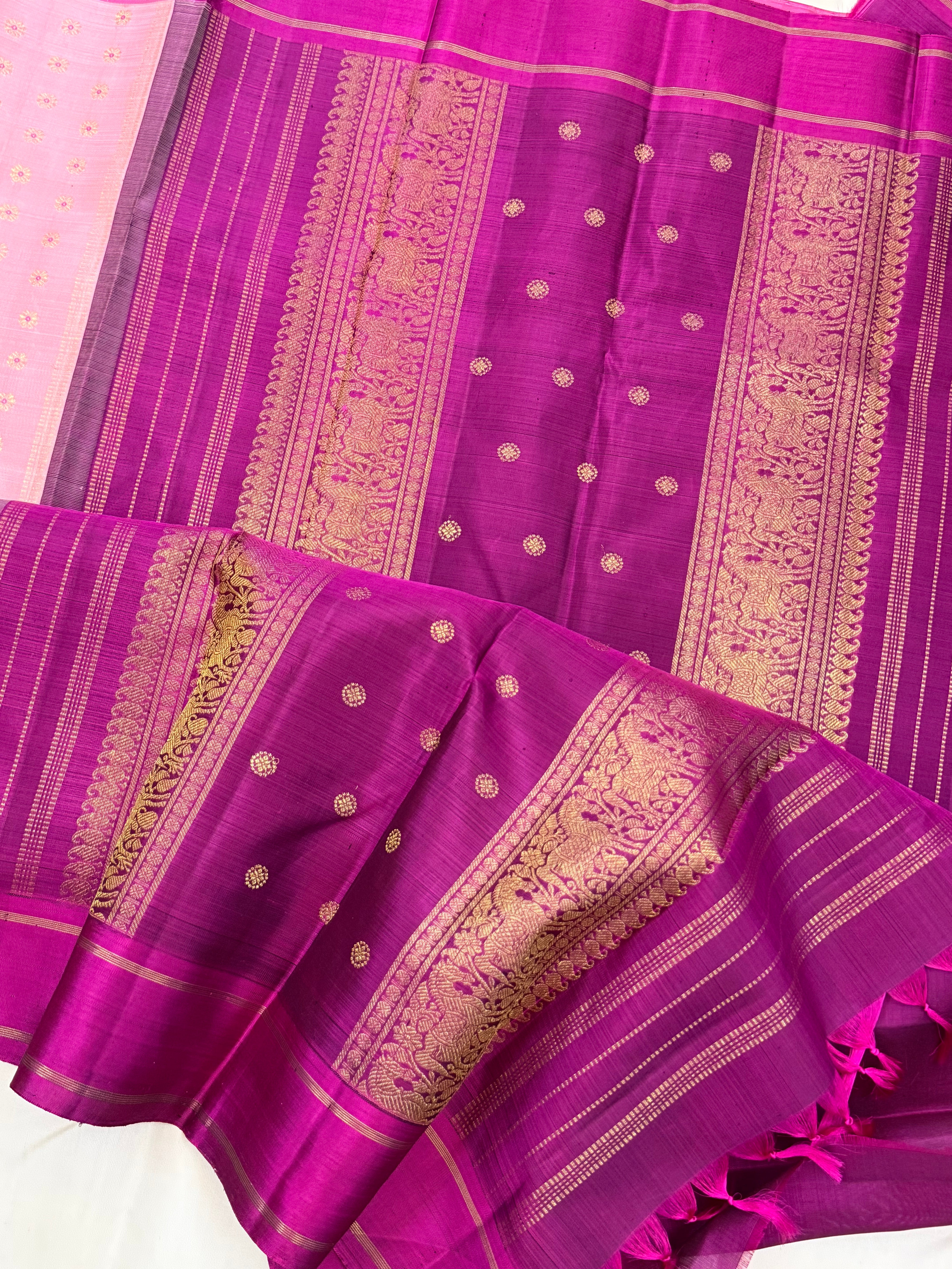 Peach pink and meenakari Butta  / Kanjipuram silk clsa 9629