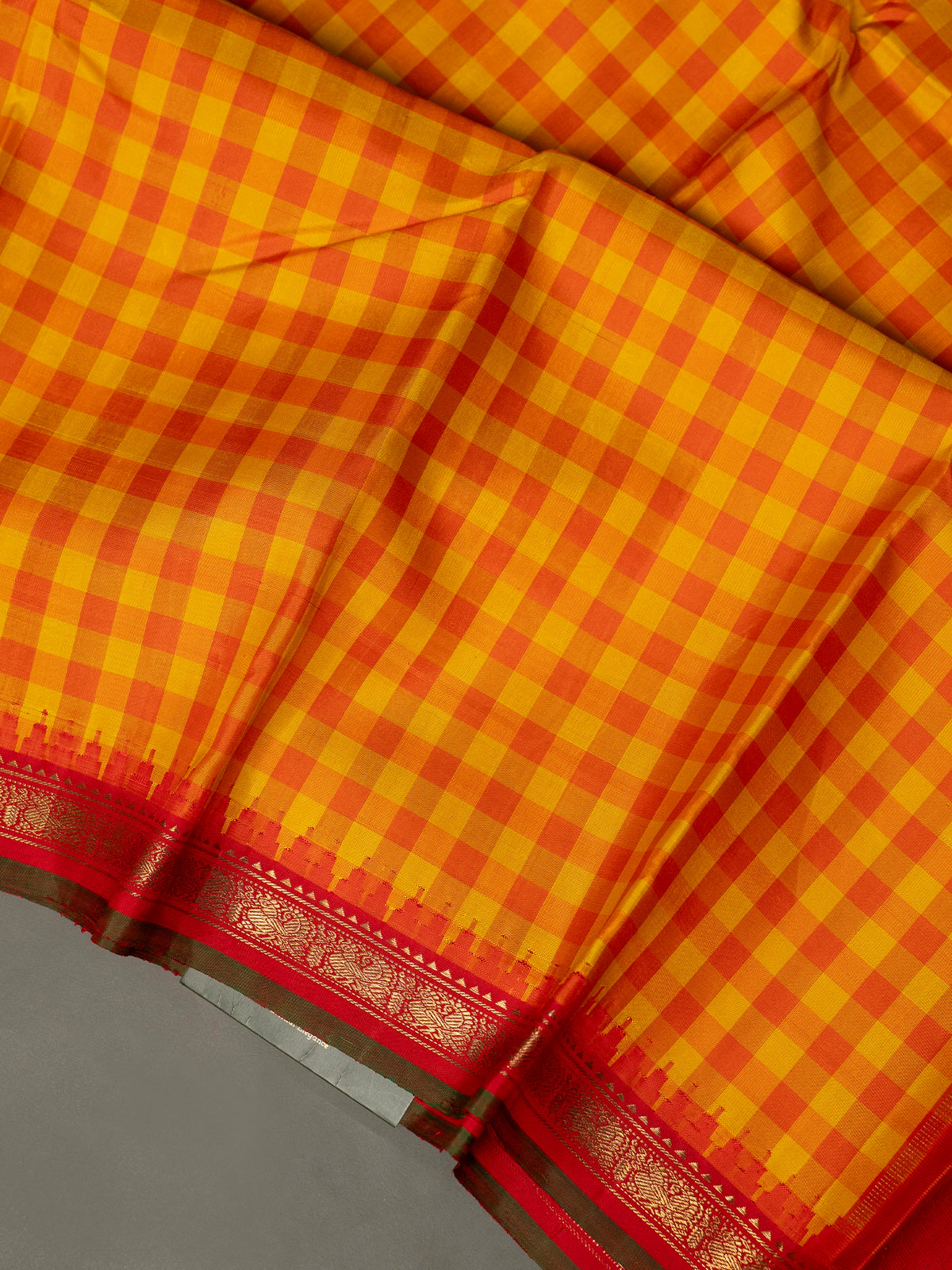 Yellow red checks Korvai / Kanjipuram Silk Saree CLSA