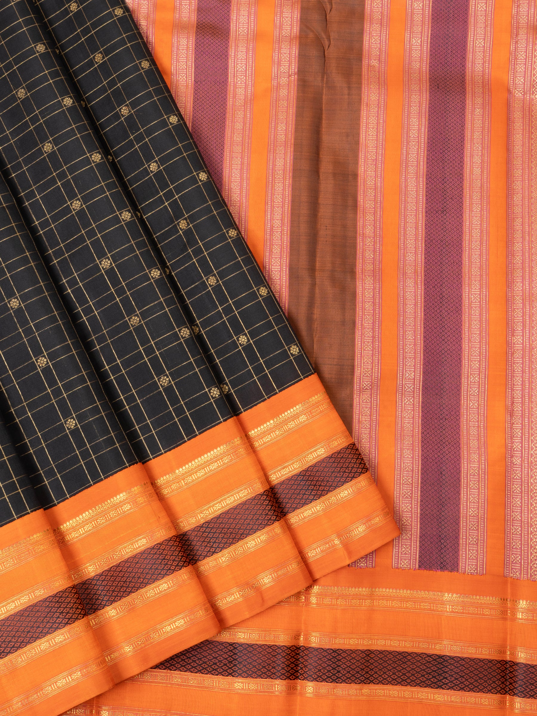 Revival black checks and orange kai korvai / Kanjipuram Silk Saree CLSA4789