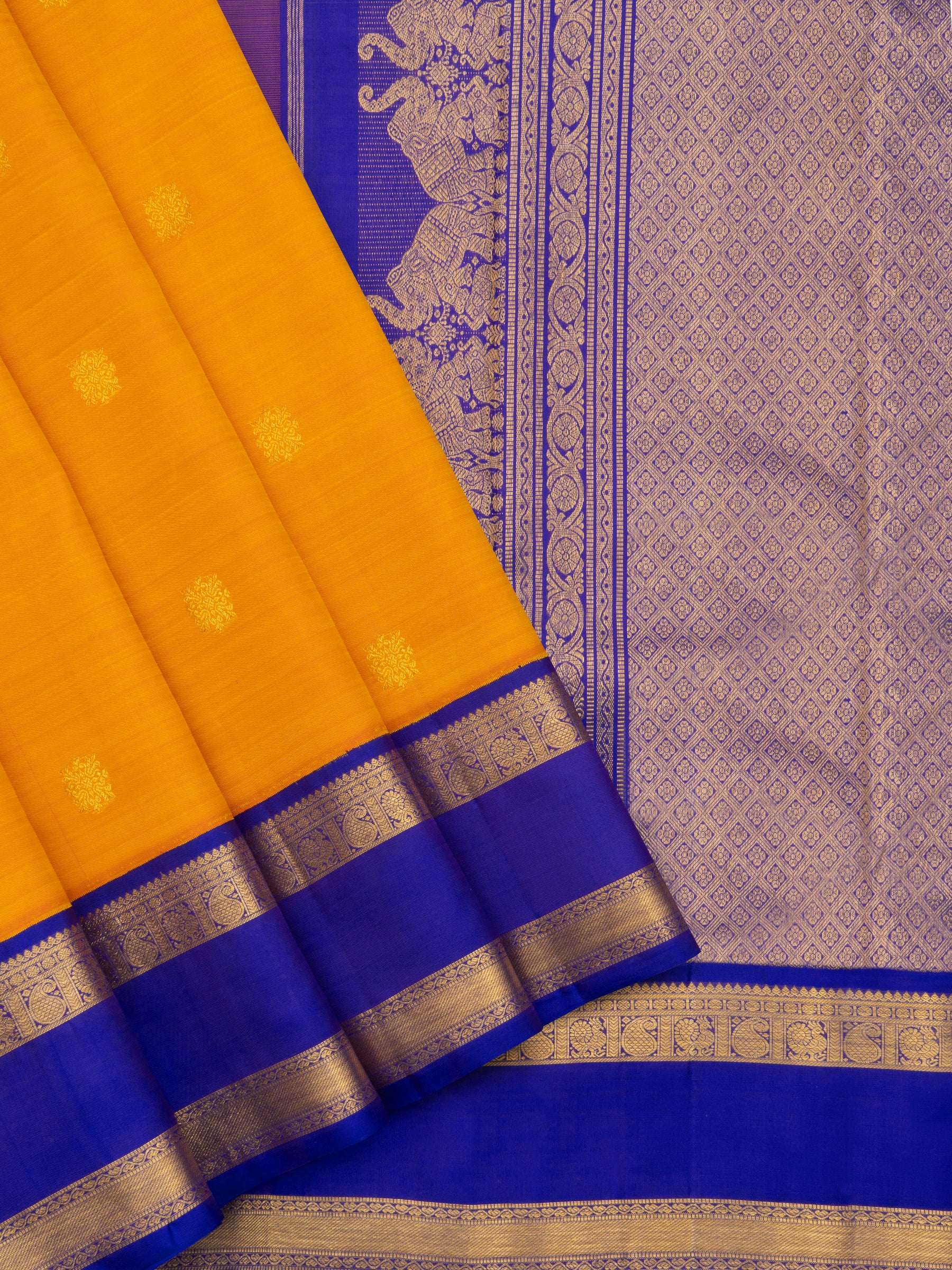 Mustard yellow and ink blue rettapet border/Arani Silk Saree CLSA6984