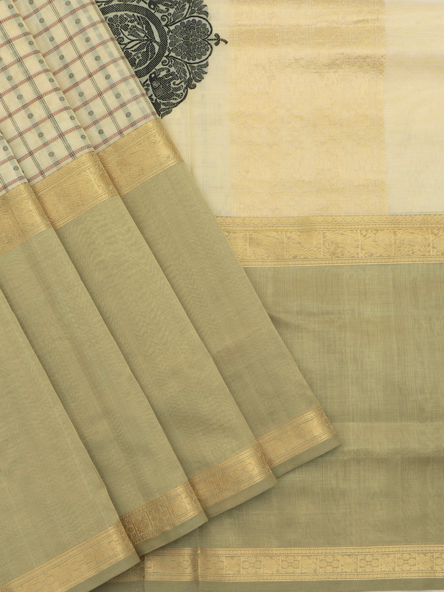 Creme lakshambutta long border/ Silk Cotton Saree CLSA7271