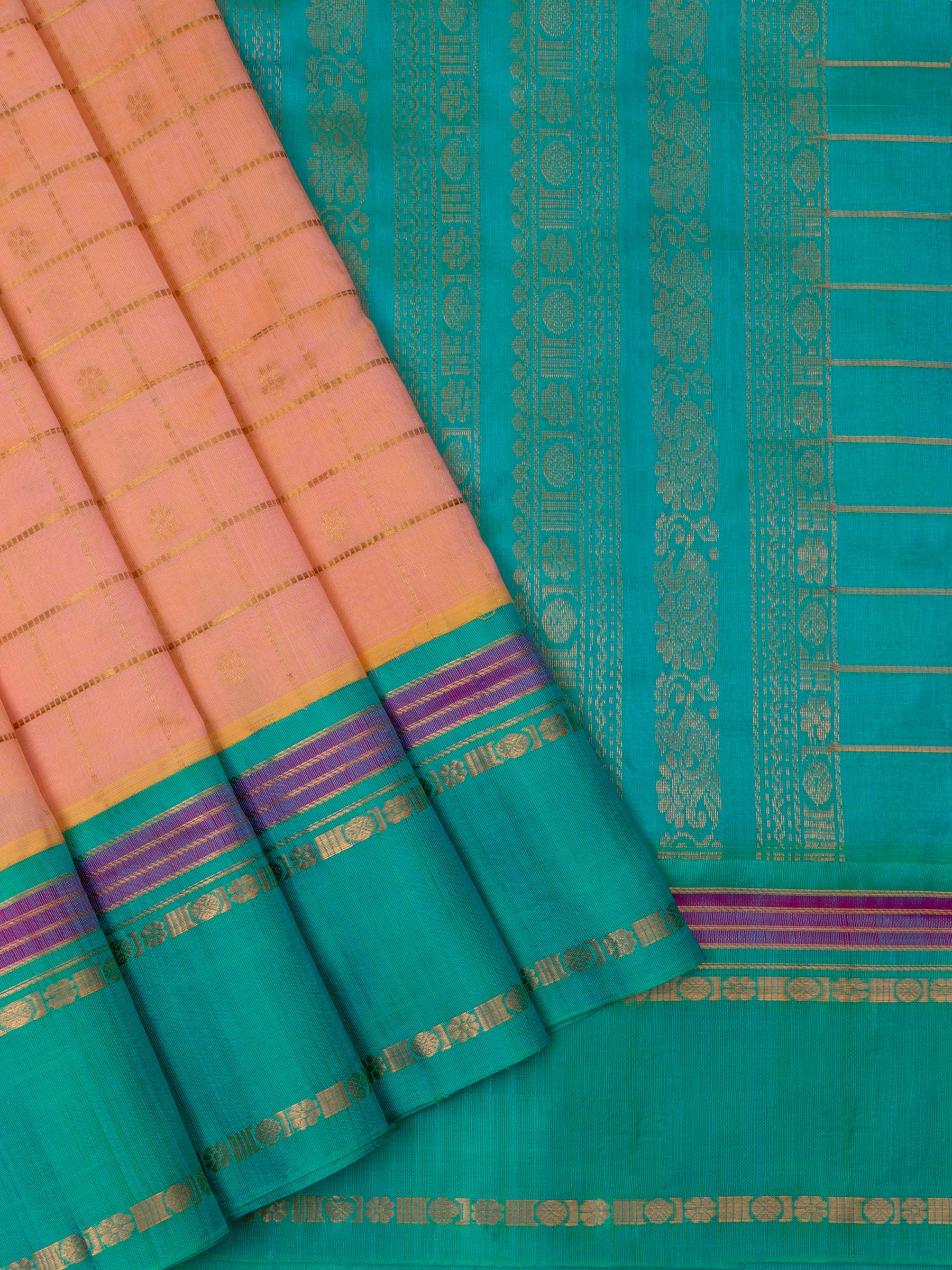 Peach and turquoise blue/ Silk Cotton Saree CLSA2890