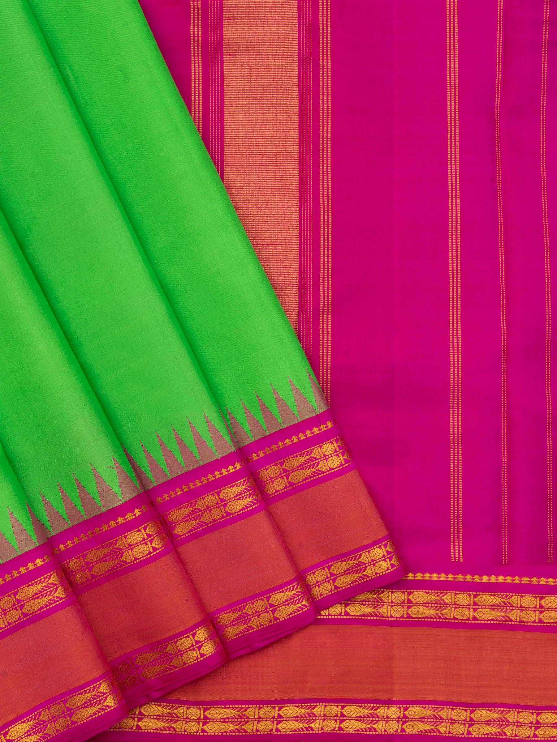 Green and orange/pink korvai / Arani Silk Saree CLSA9048
