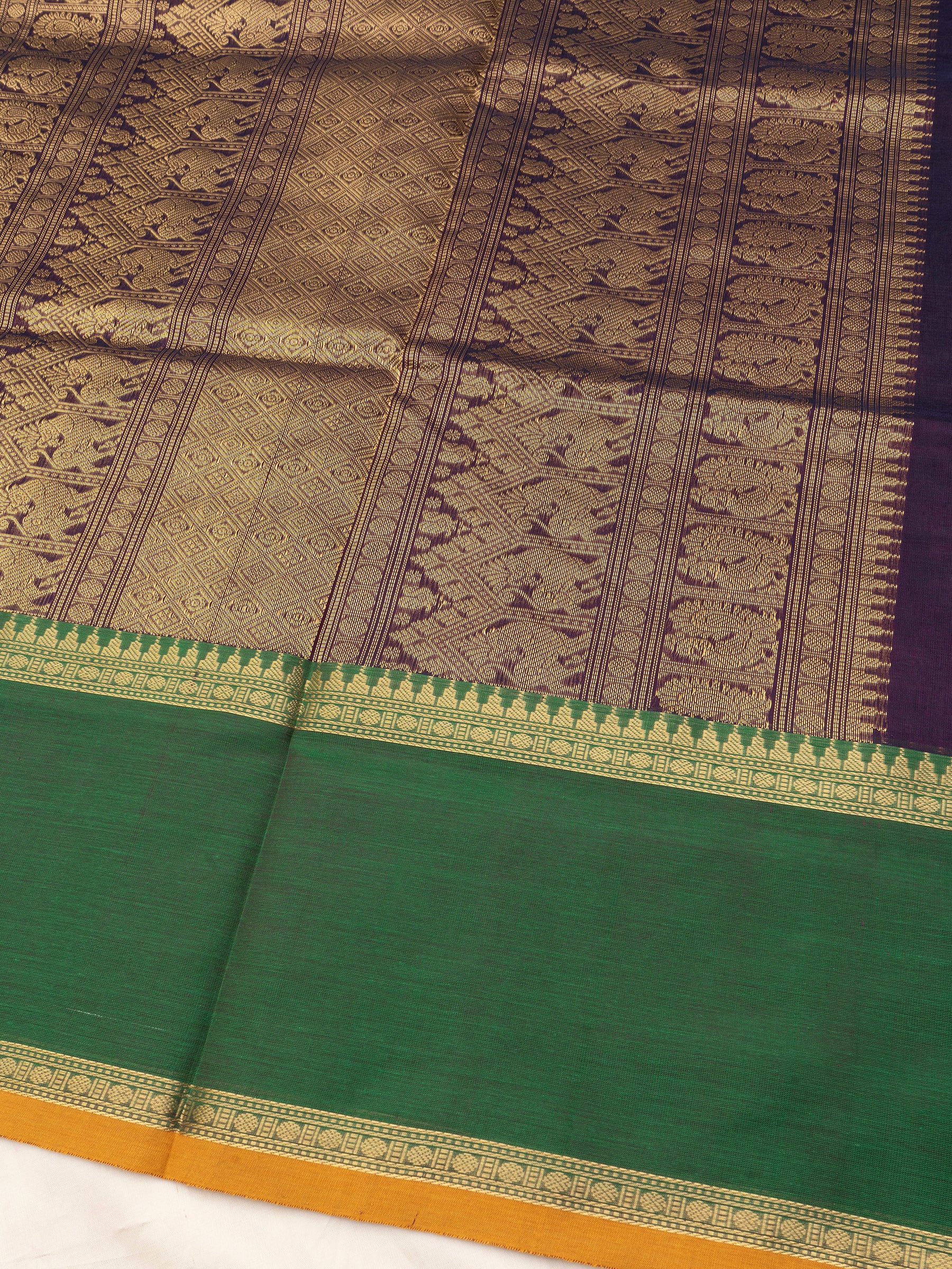 Deep purple and mustard lines border butta / Silk Cotton CLSA9595