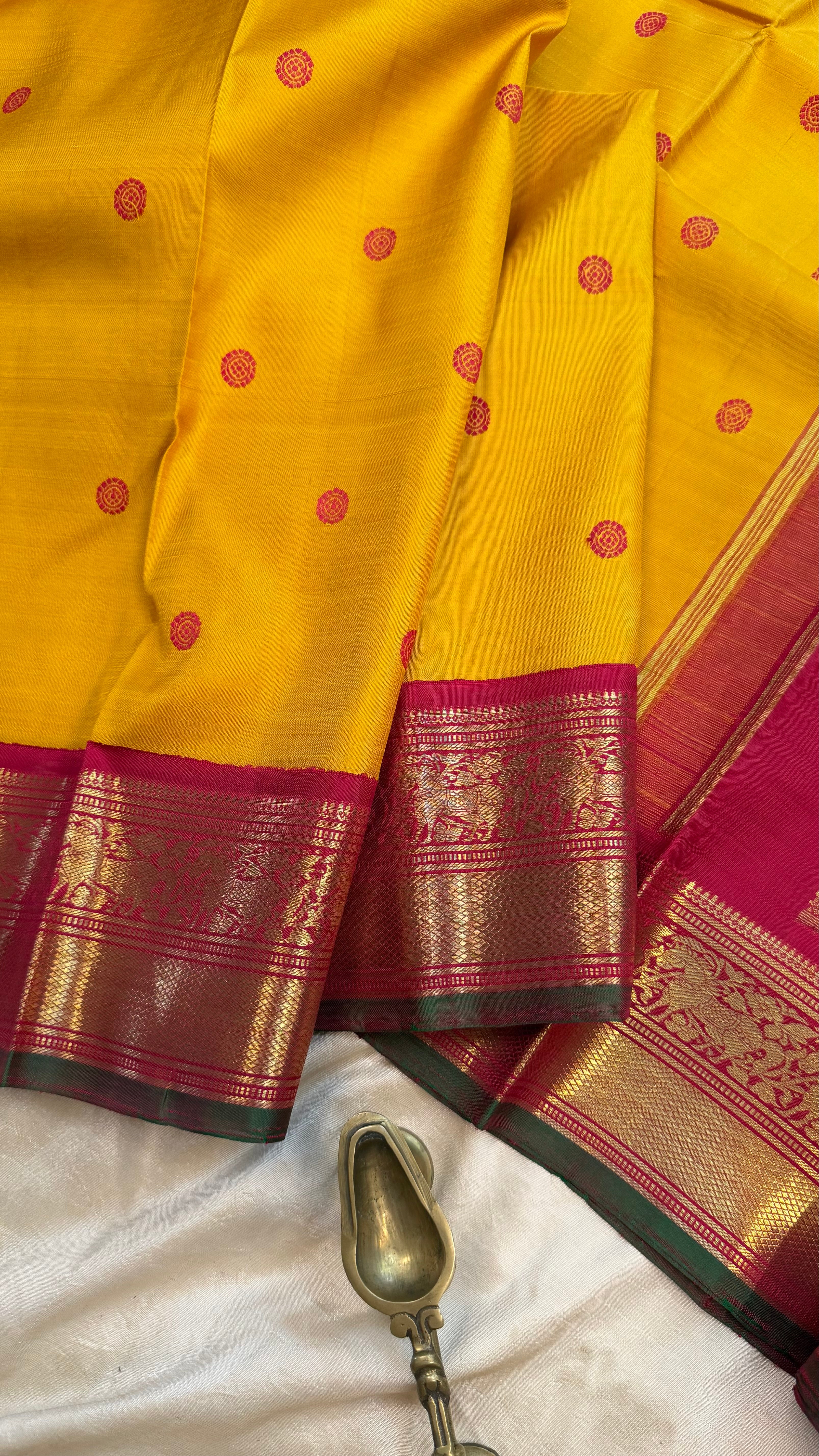 Mustard yellow Korvai Kanjipuram silk