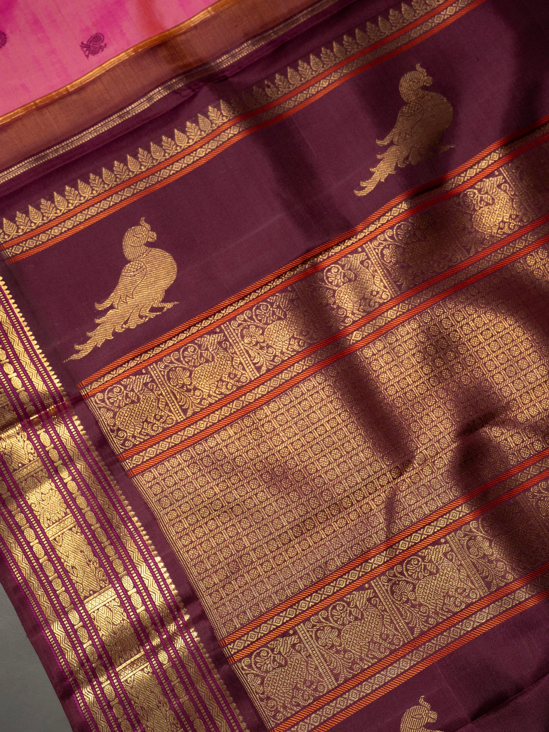 Peach with brown Korvai  / Kanjipuram Silk Saree CLSA10584
