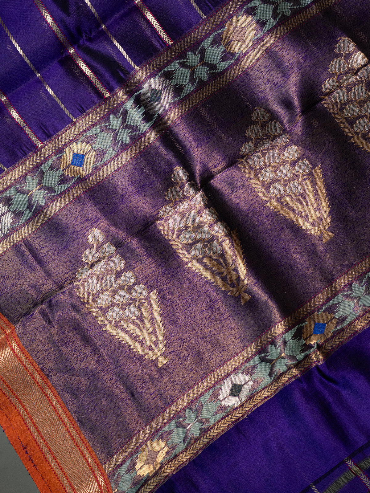 Master piece Deep purple zari stripes and orange small border special pallu / Chanderi silk Saree CLSA10884
