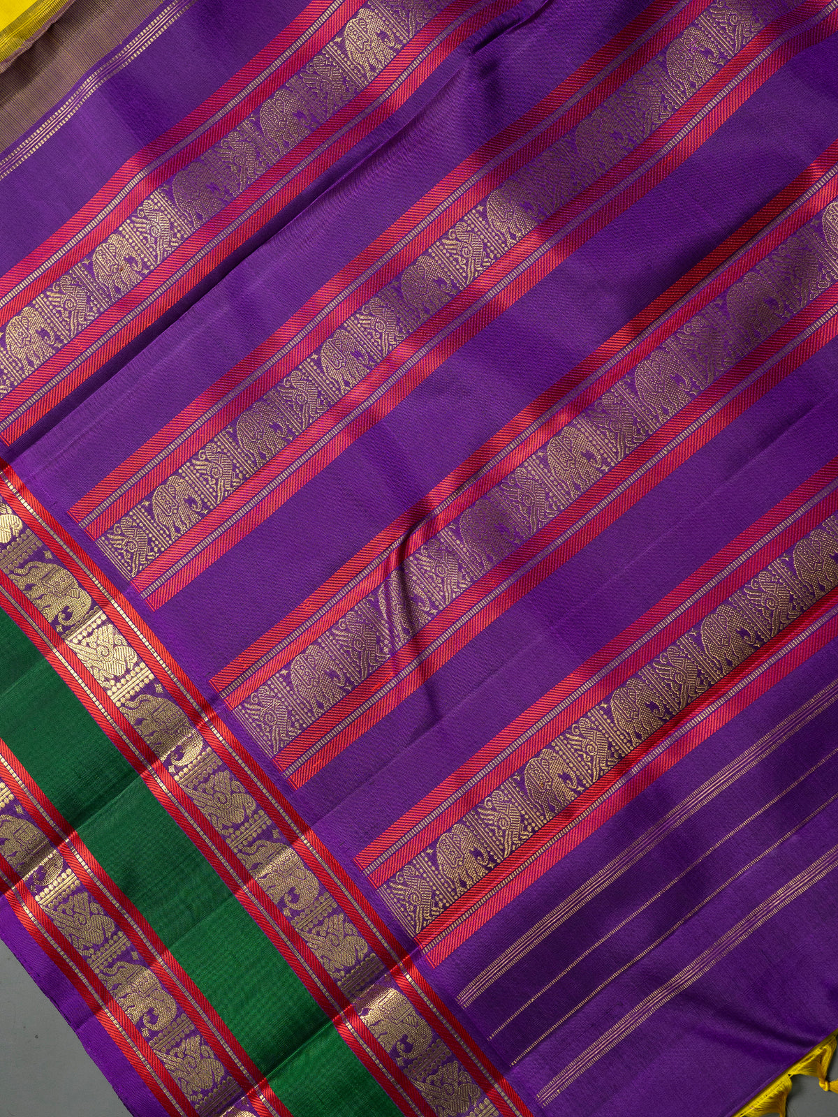 Yellow and green purple rettapet border kai korvai/ Kanjipuram Silk Saree CLSA11707
