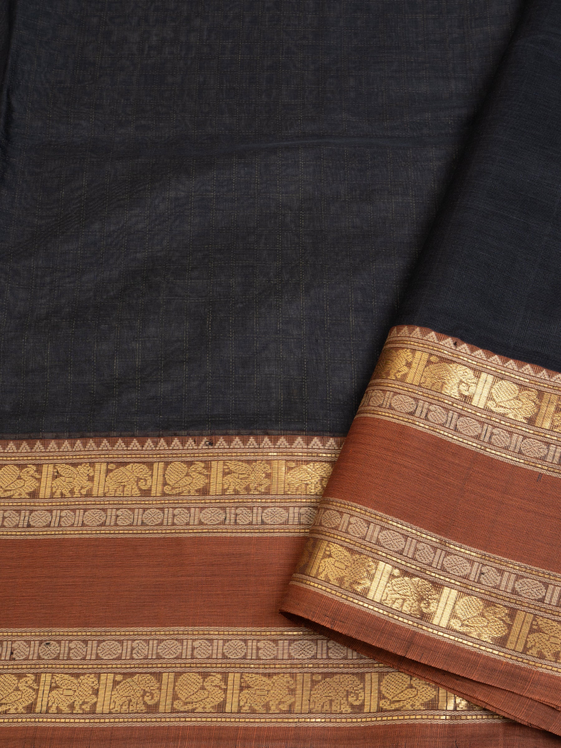 Black checks rust rettapet border/ Silk Cotton Saree CLSA7872