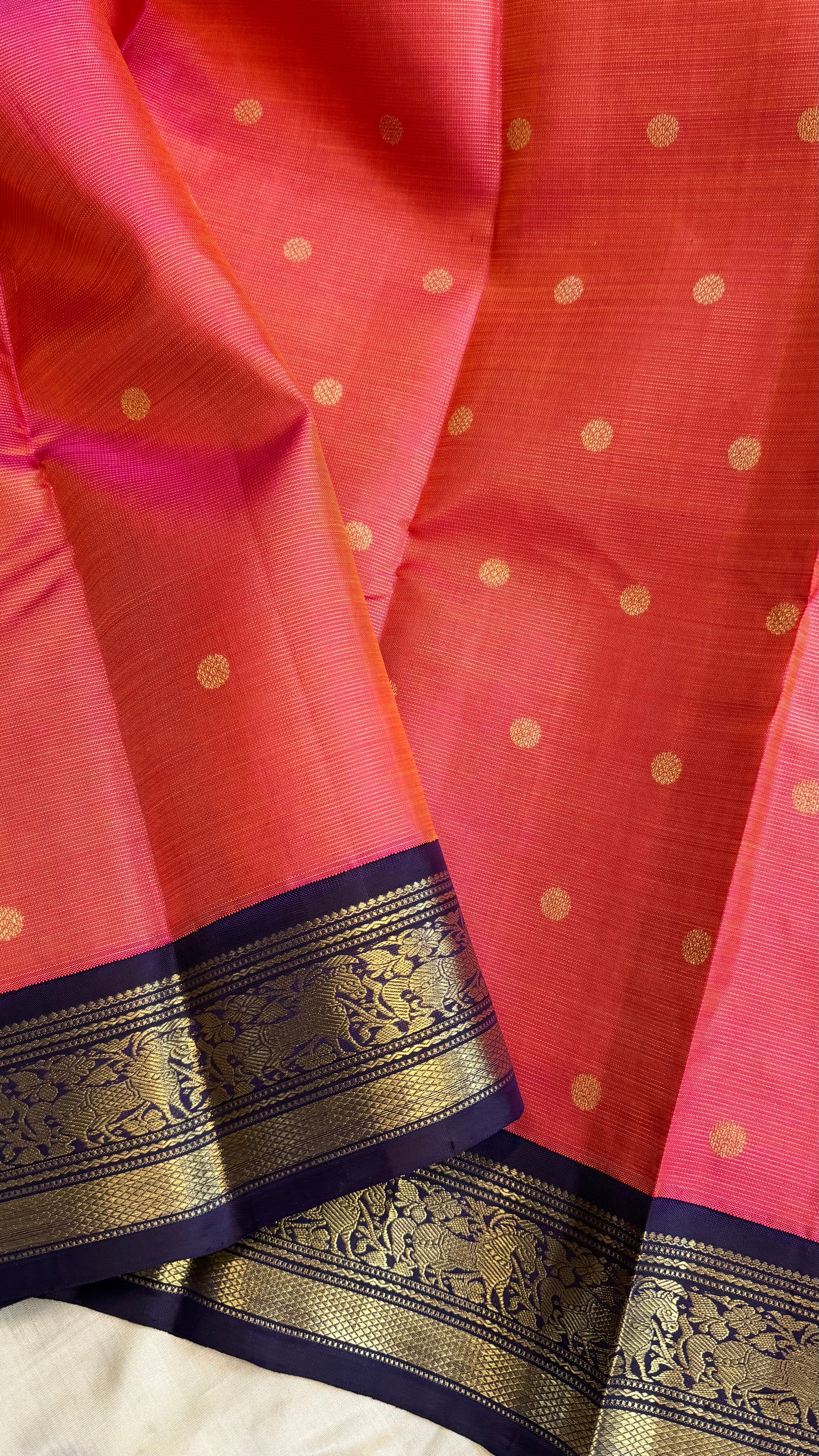 Pink shot orange and nagapazham blue vairaoosi kai korvai/ Kanjipuram Silk